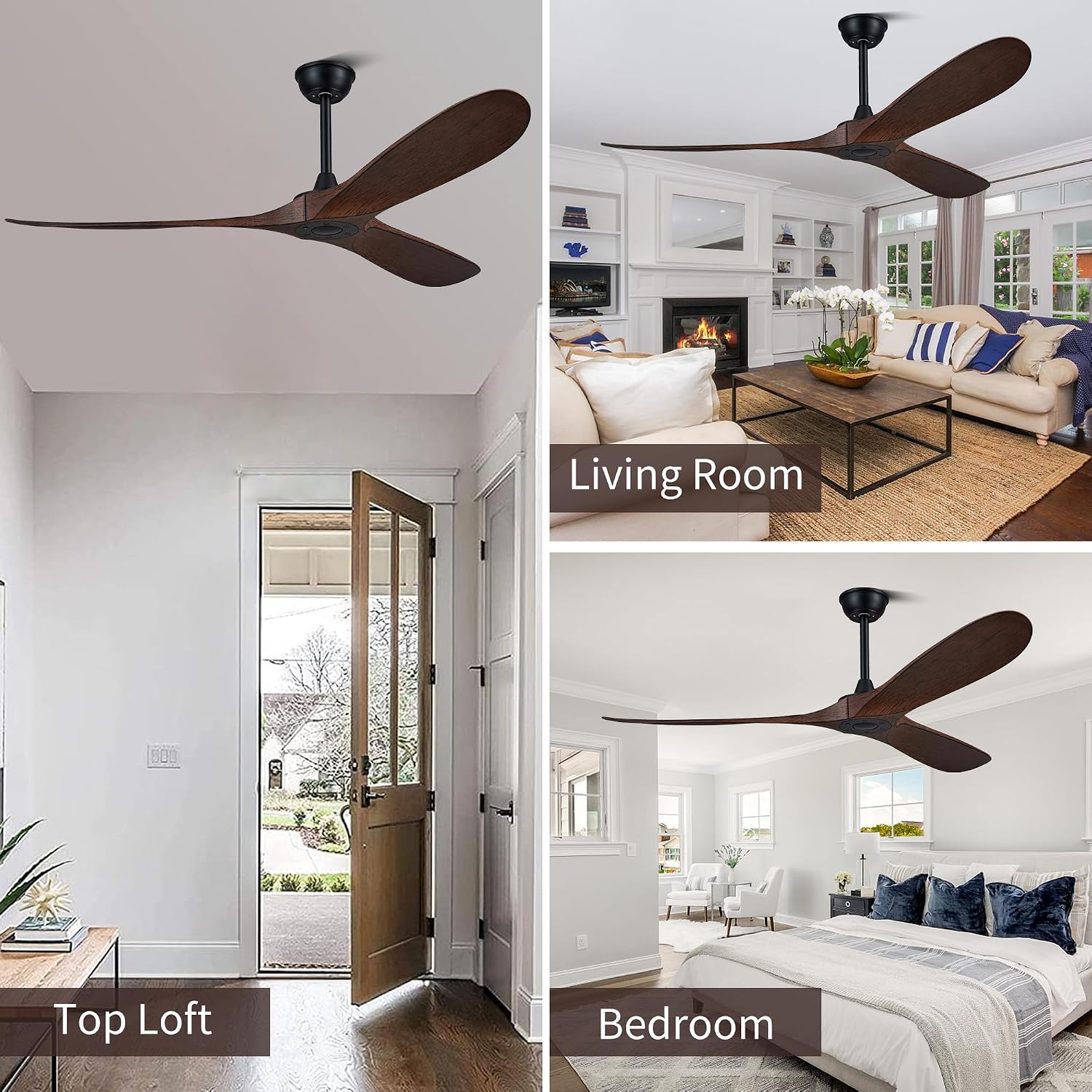 60'' Ceiling Fan with Remote Control, Modern Indoor/Outdoor Ceiling Fans,Quiet and Reversible DC Motor, 3 Plastic Dark Walnut Blades with Strong Wind for Living Room,Patio,Farmhouse,Bedroom