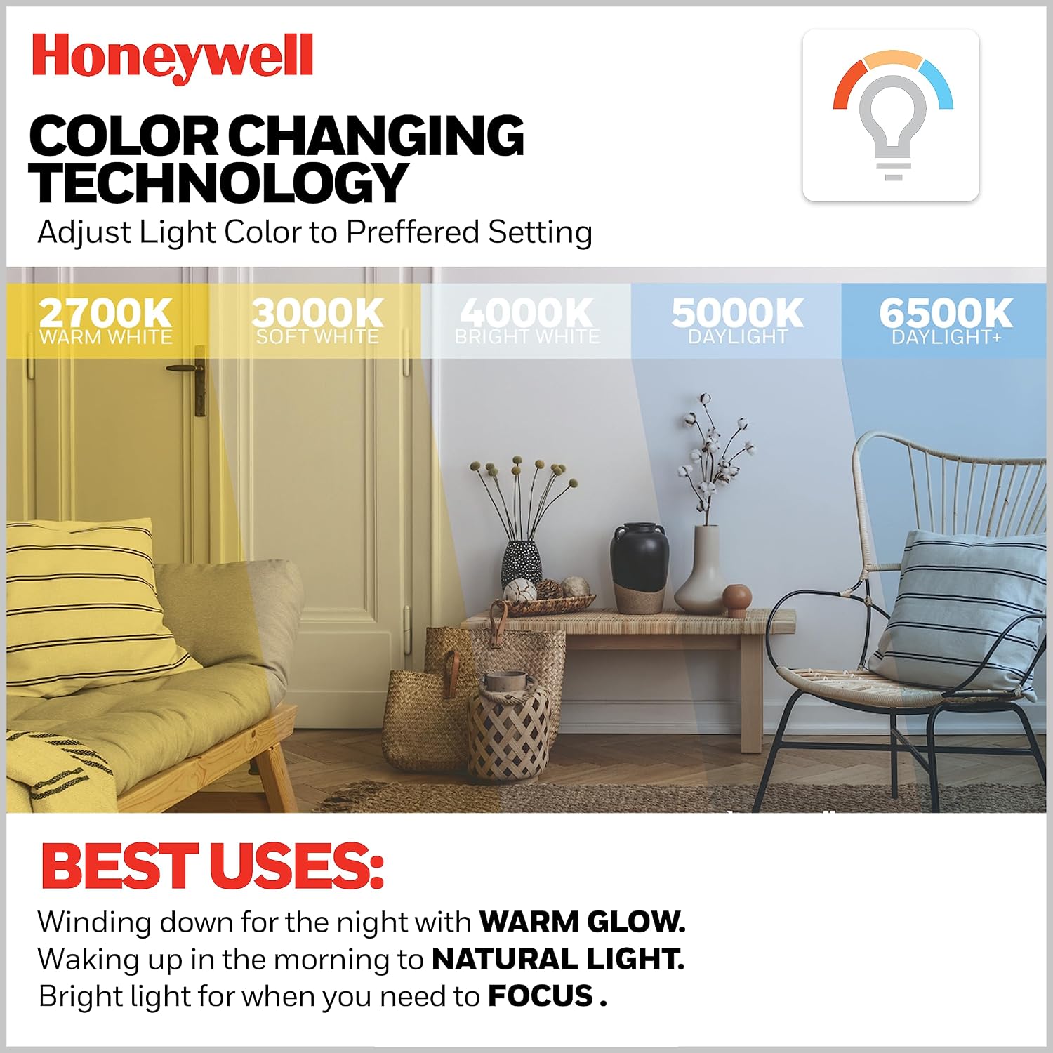 Honeywell Ceiling Fans Berryhill, 48 Inch Ceiling Fan with Color Changing LED Light, Pull Chain, Dual Mounting Options, 3 Dual Finish Blades, Reversible Airflow - 51858-01 (Matte Black)