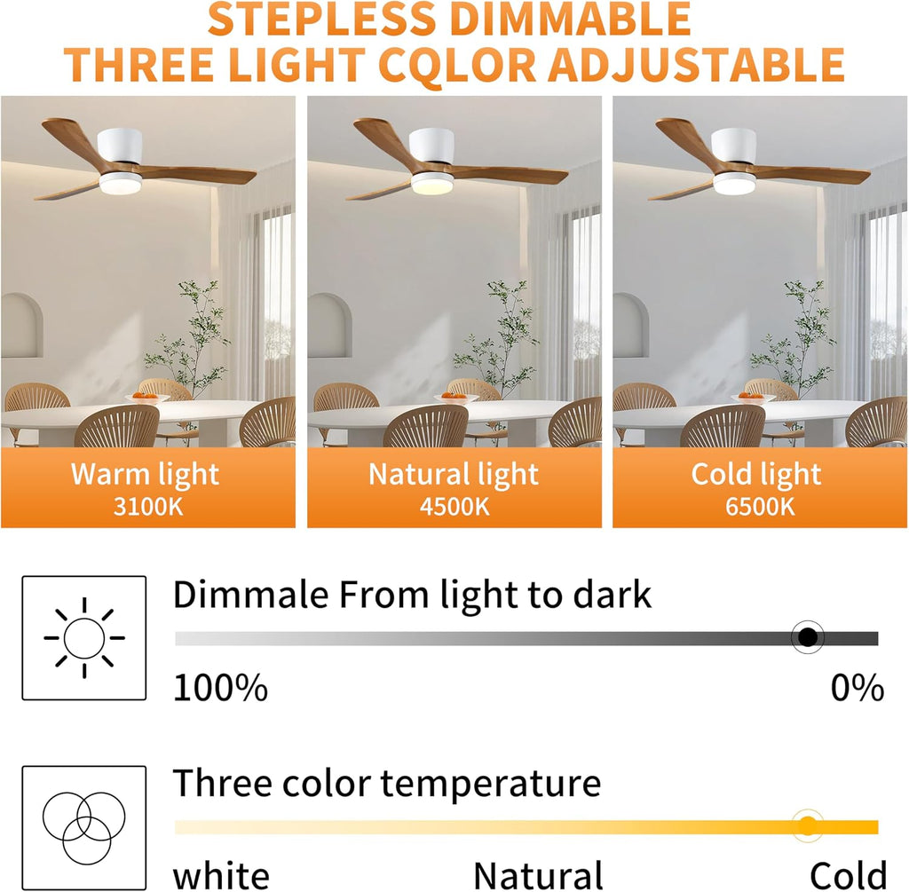 42 inch Wood Ceiling Fans with Lights and Remote, Flush Mount Low Profile Ceiling Fan with Light, 6 Speed, Reversible DC Motor, for Bedroom,Outdoor,Farmhouse,Patios