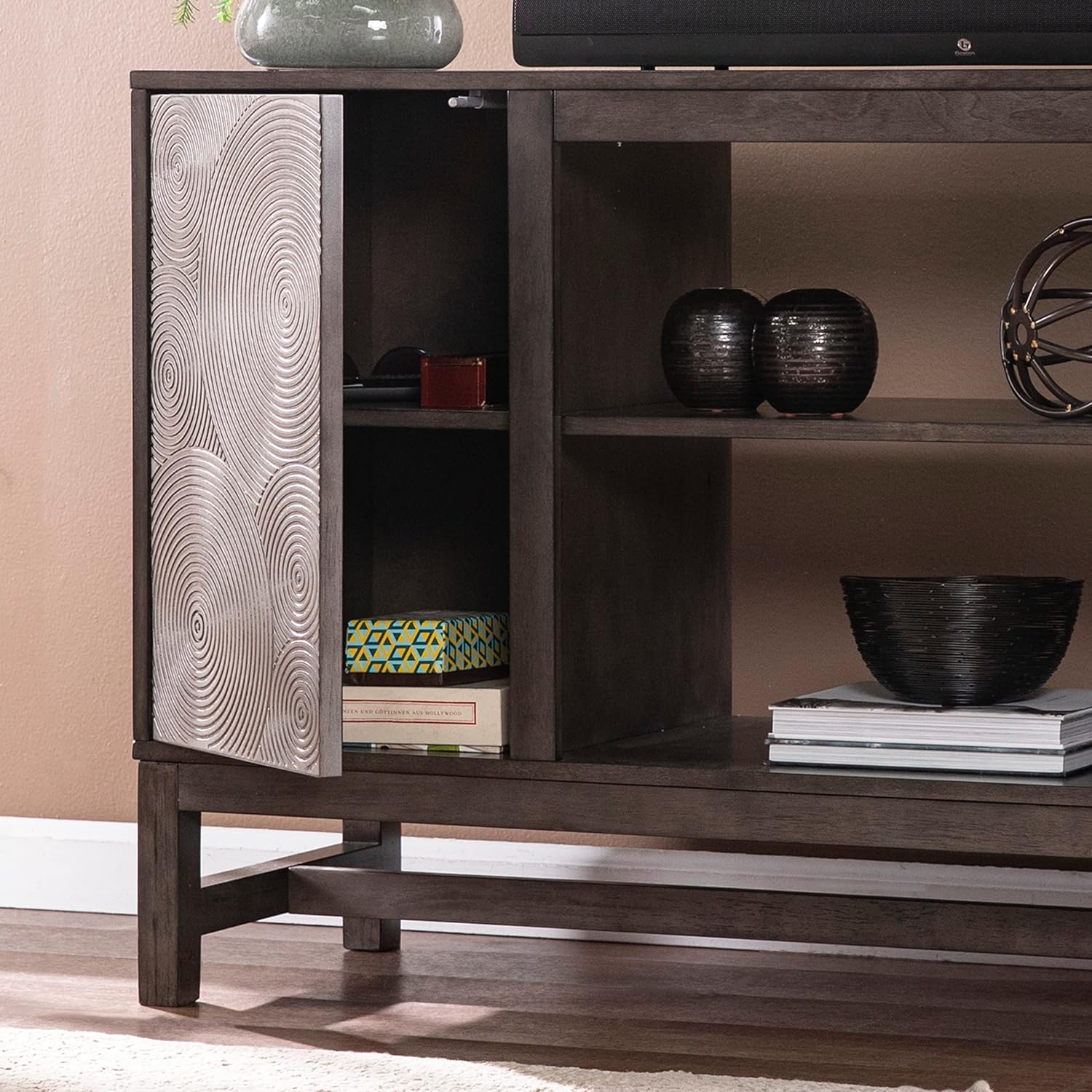 SEI Furniture - Lannington Media Storage Unit - Transitional Design, Brown & Silver Finish - Ideal for Living Room, Family Room (MS1137256)