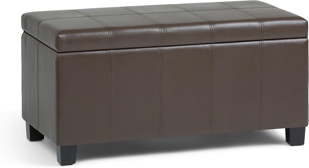 SIMPLIHOME Dover Storage Ottoman Bench - 36 inch Wide Upholstered Vegan Leather Rectangular Lift-Top Ottoman in Chocolate Brown, Contemporary Bench for Living Room with Safety Hinges