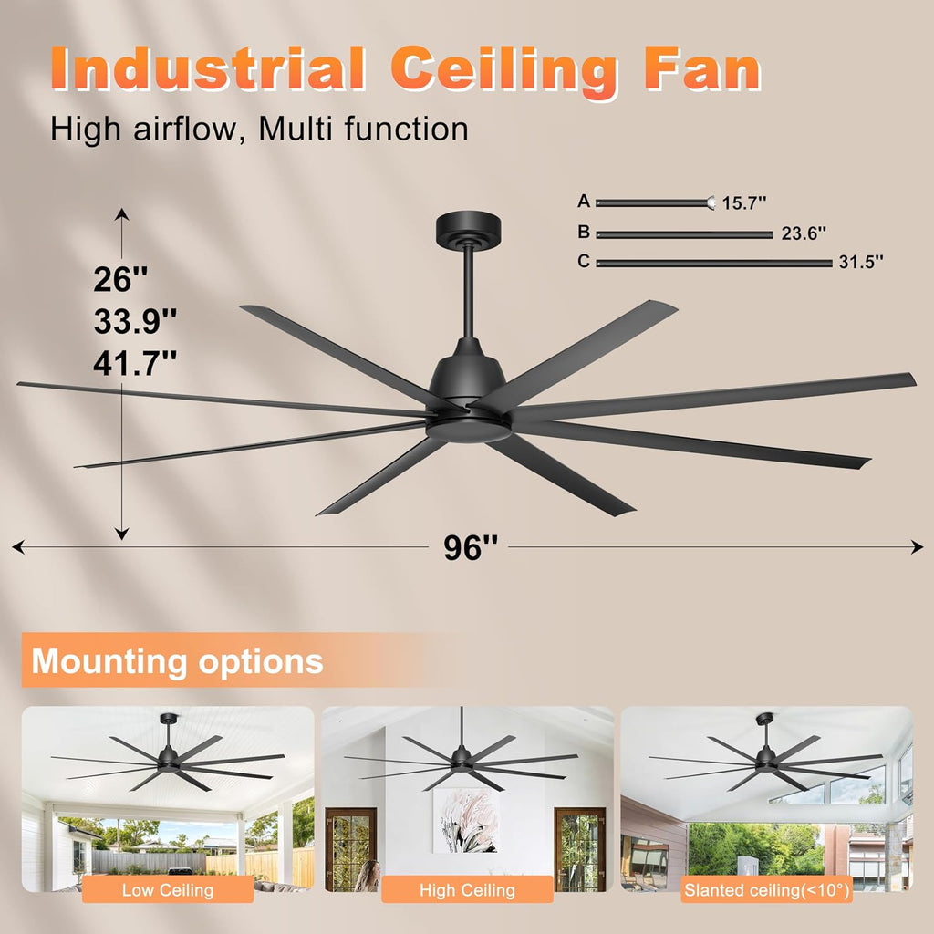 96' Industrial Ceiling Fan No Light, Large Ceiling Fan with Remote/APP Control, Outdoor Ceiling Fans with 8 Blades, DC motor for Commercial Shop Garage Warehouse Black Without Light