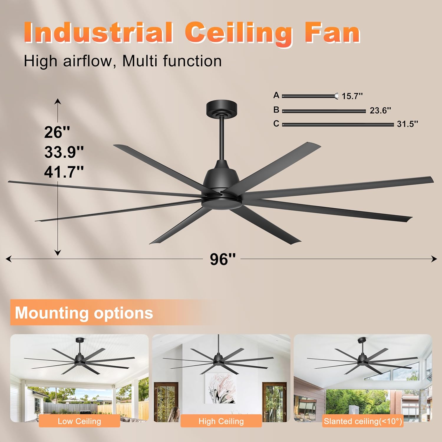 96' Industrial Ceiling Fan No Light, Large Ceiling Fan with Remote/APP Control, Outdoor Ceiling Fans with 8 Blades, DC motor for Commercial Shop Garage Warehouse Black Without Light