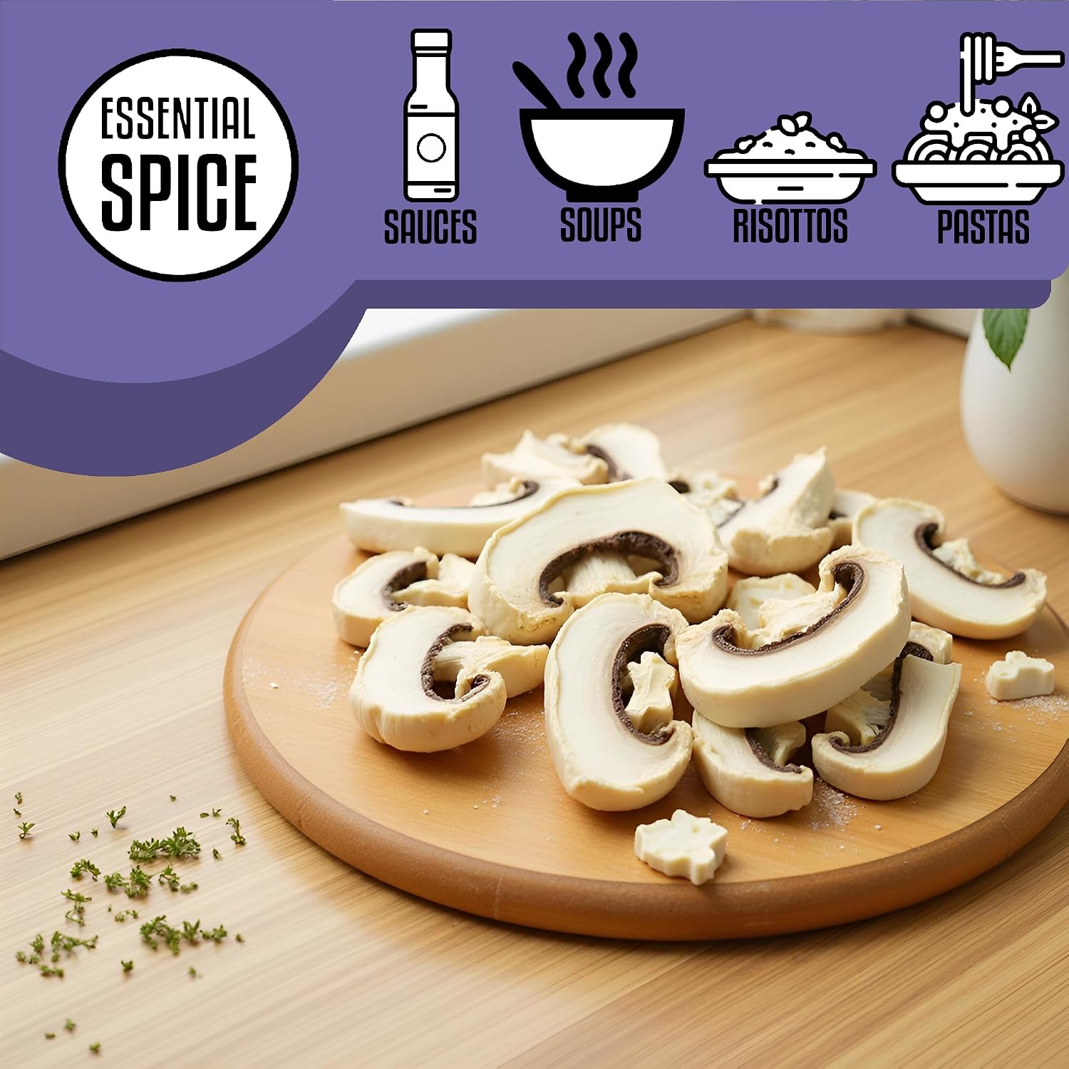 Essential Spice Dried Sliced White Button Mushrooms – Premium Quality, Mild & Savory Flavor – Ideal for Soups, Sauces, Stir-Fries & Pasta – Easy to Rehydrate, Great Pantry Staple (25 lb)