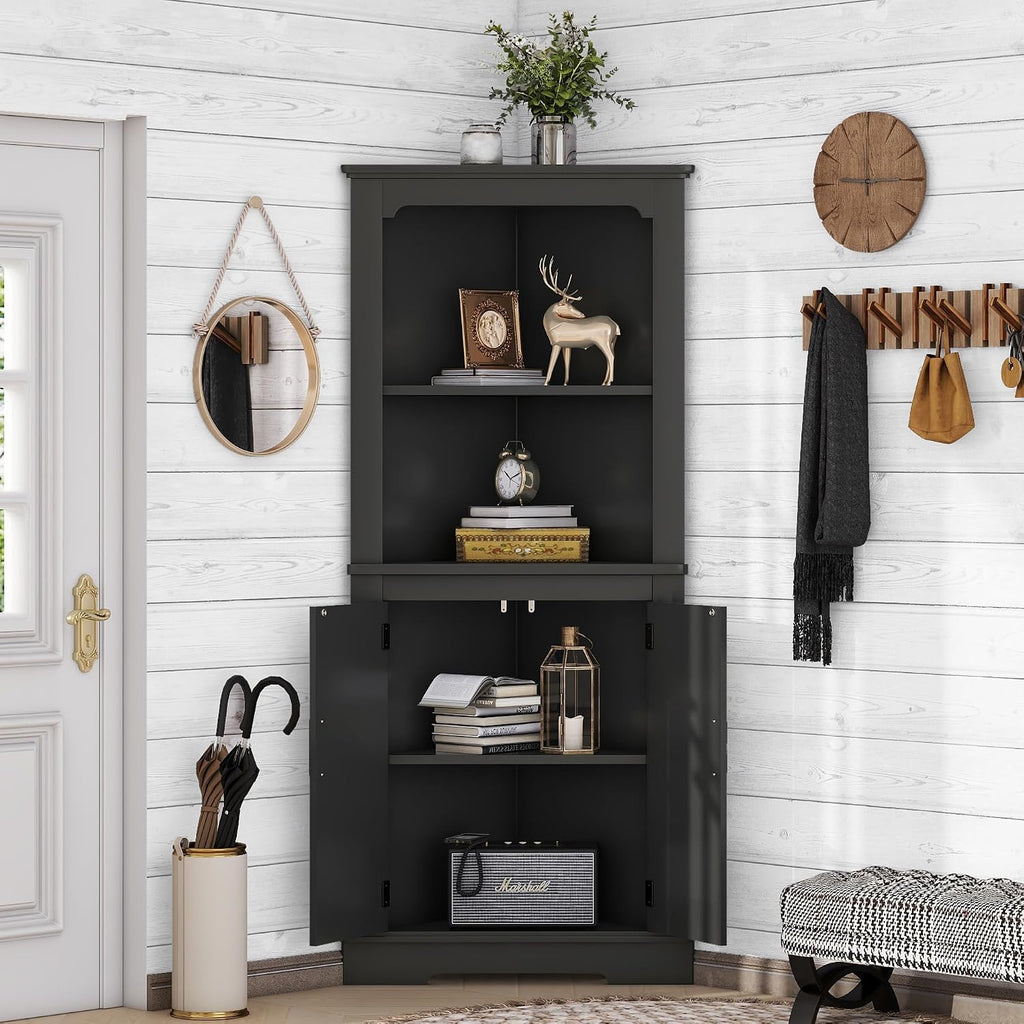 KEIKI 69.3' Corner Storage Cabinet with Round Edges, 2 Open Shelves and Door for Maximum Storage in Small Spaces, Stylish - Black