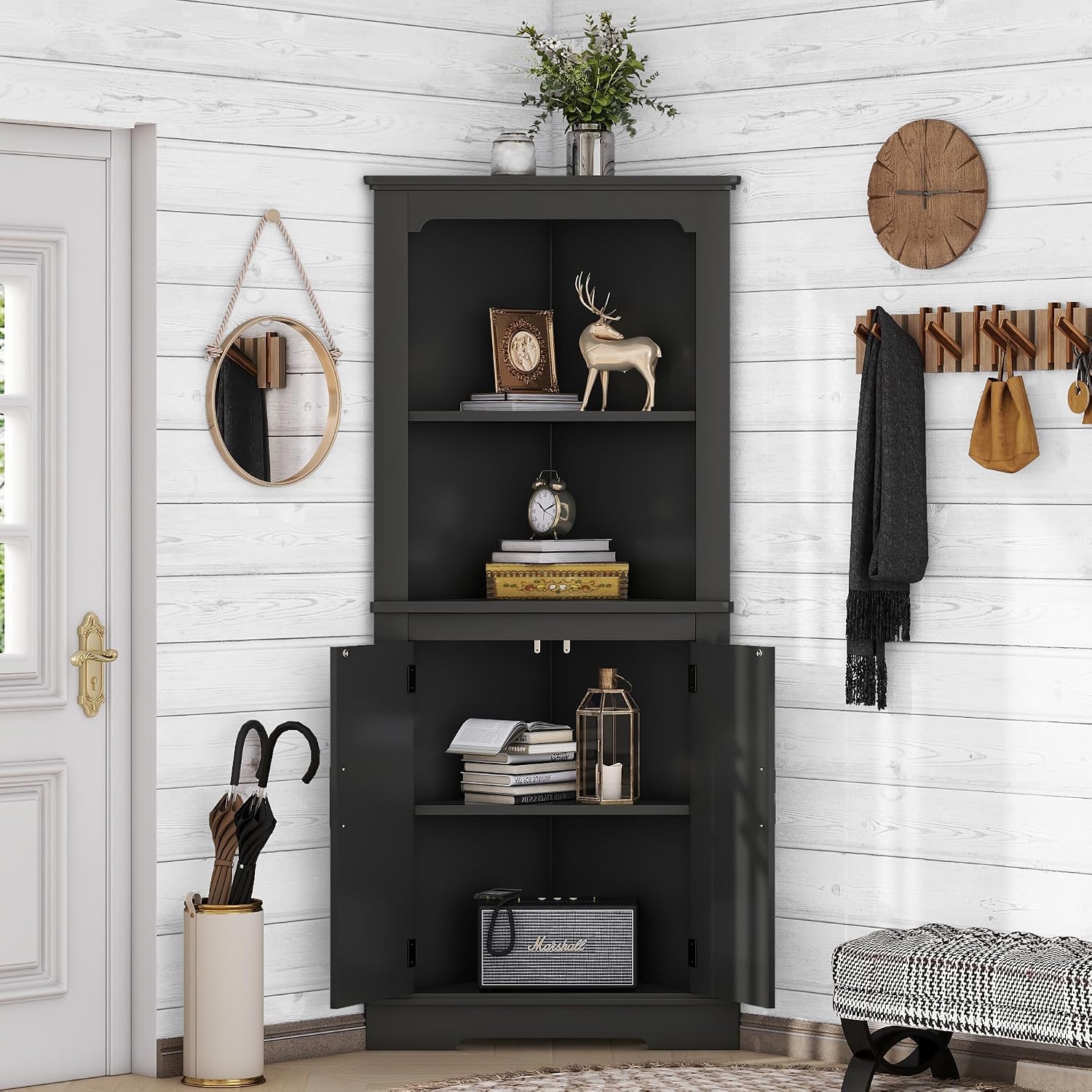KEIKI 69.3' Corner Storage Cabinet with Round Edges, 2 Open Shelves and Door for Maximum Storage in Small Spaces, Stylish - Black