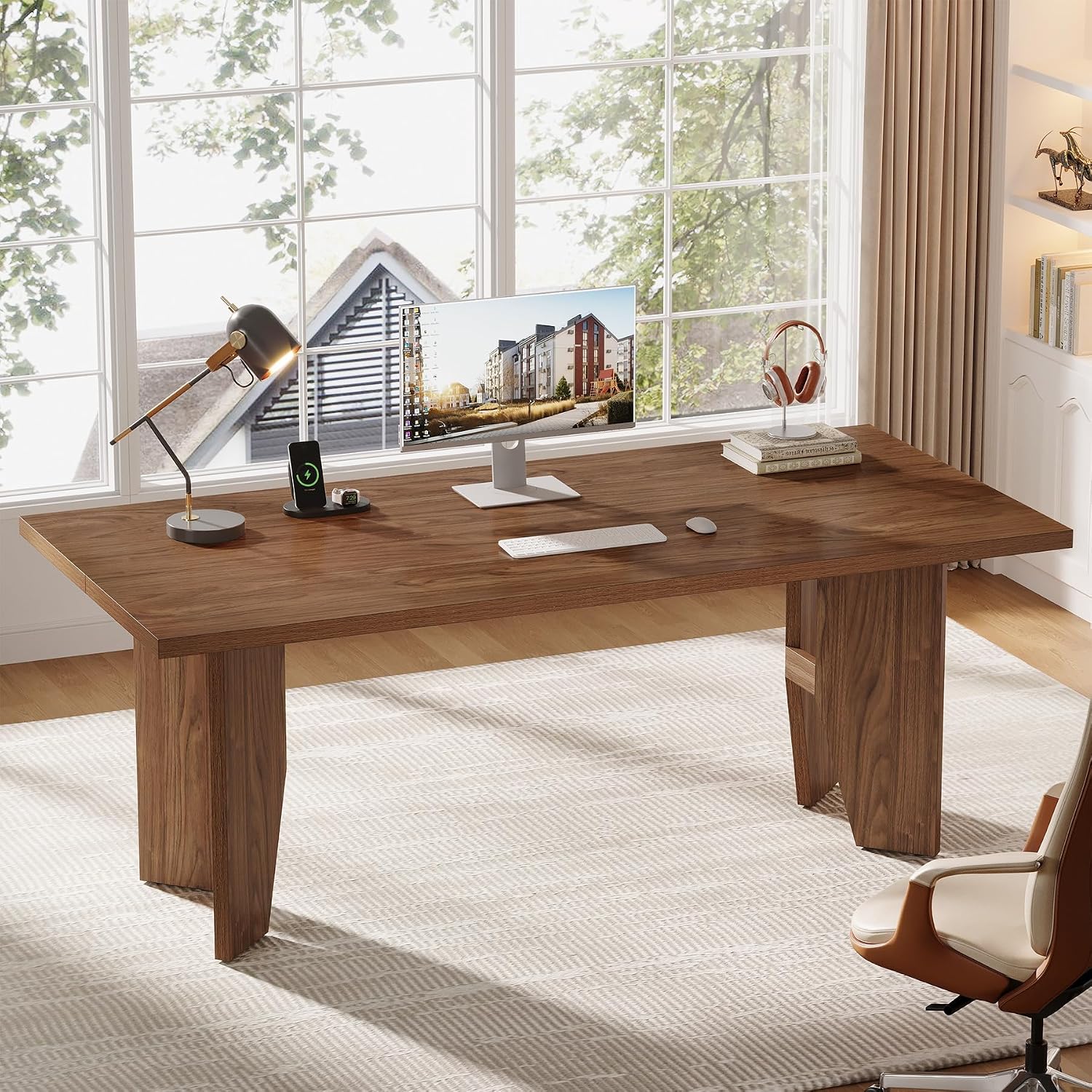 Tribesigns 63' Executive Desk, Mid-Century Modern Office Computer Desk with Sturdy Legs, Large Wooden Workstation Writing Table, Farmhouse Business Furniture for Home Office, Brown
