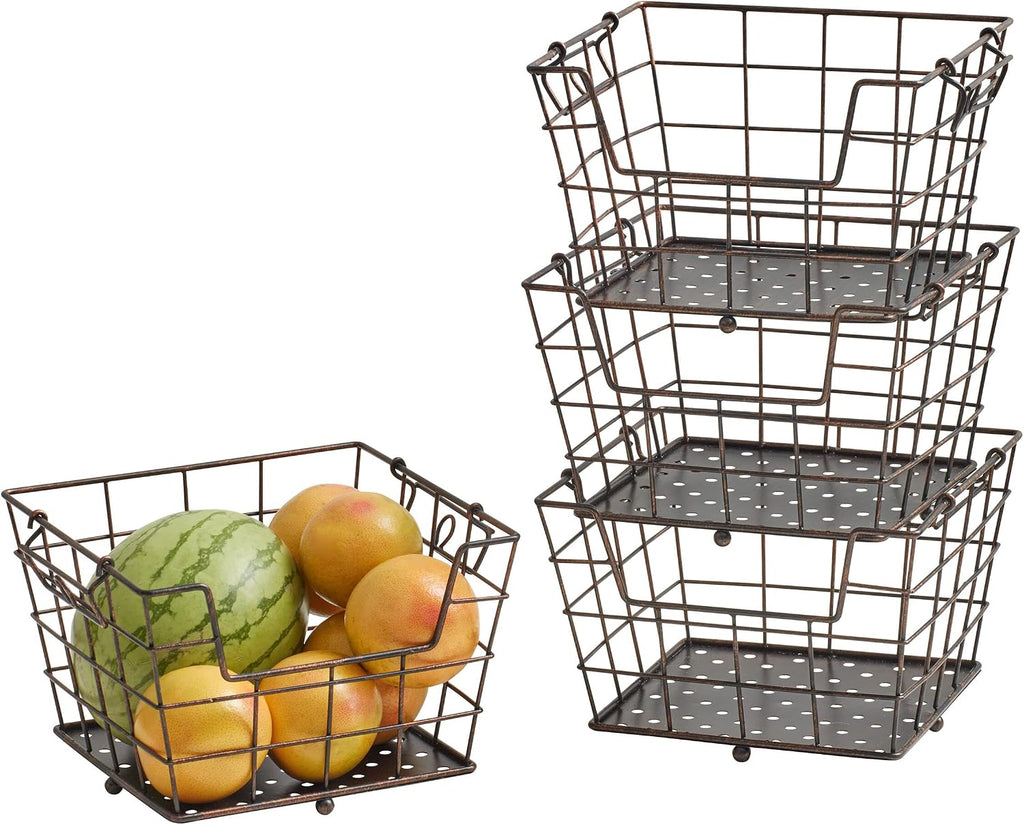 Mikasa Gourmet Basics Ferme 4-Tier Market Basket - Antique Black Wire and Acacia Wood Handle, Kitchen Fruit Vegetable Storage Organizer, 13.5 x 11.5 x 51 Inches
