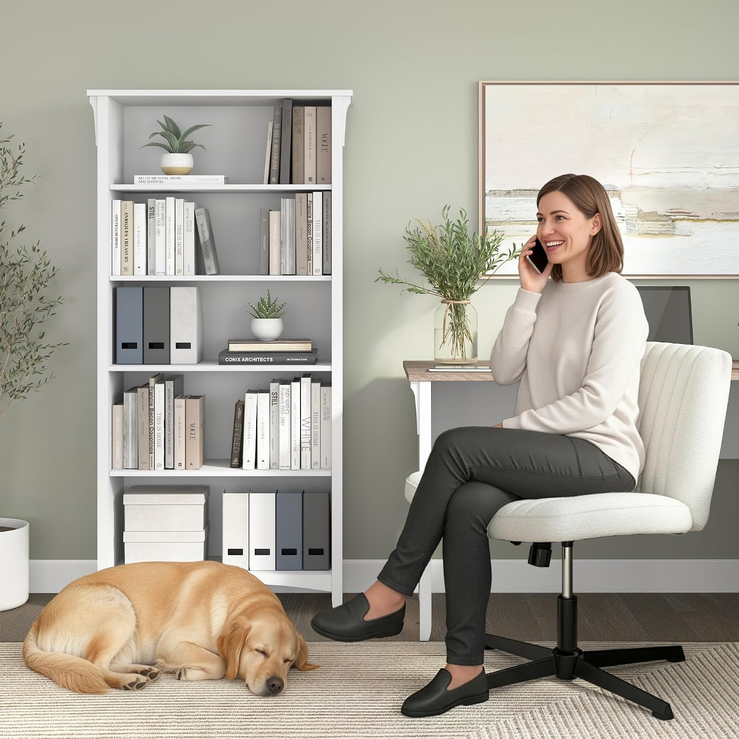 Bush Furniture Salinas 5 Shelf Bookcase in Pure White, Tall Bookshelf, Large Book Shelf for Living Room, Home Office, or Entryway