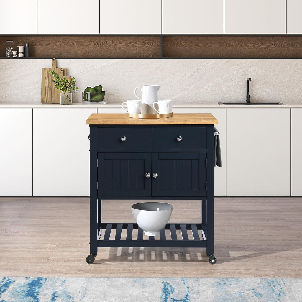 OSP Home Furnishings Stirling Farmhouse Kitchen Cart, Rolling Storage Cabinet with Drawers, Shelf, 5 Utility Hooks, Dark Blue with Natural Wood Top