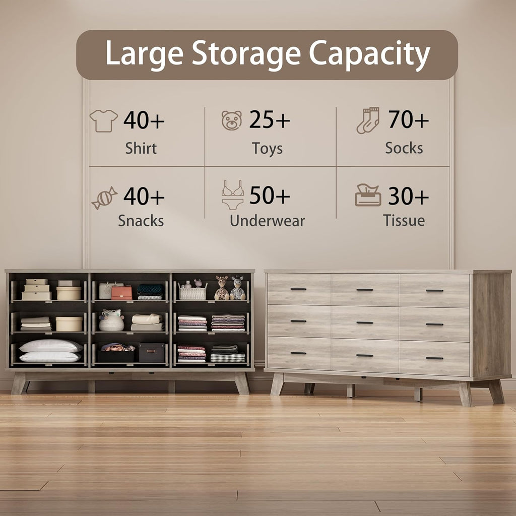 Xixini Dresser for Bedroom, 9 Drawer Wide Modern Chest of Drawers with X-Shaped Sturdy Base, Wood Double Dresser Closet Clothes Storage Organizer, Wooden TV Stand for Living Room, Hallway, Grey