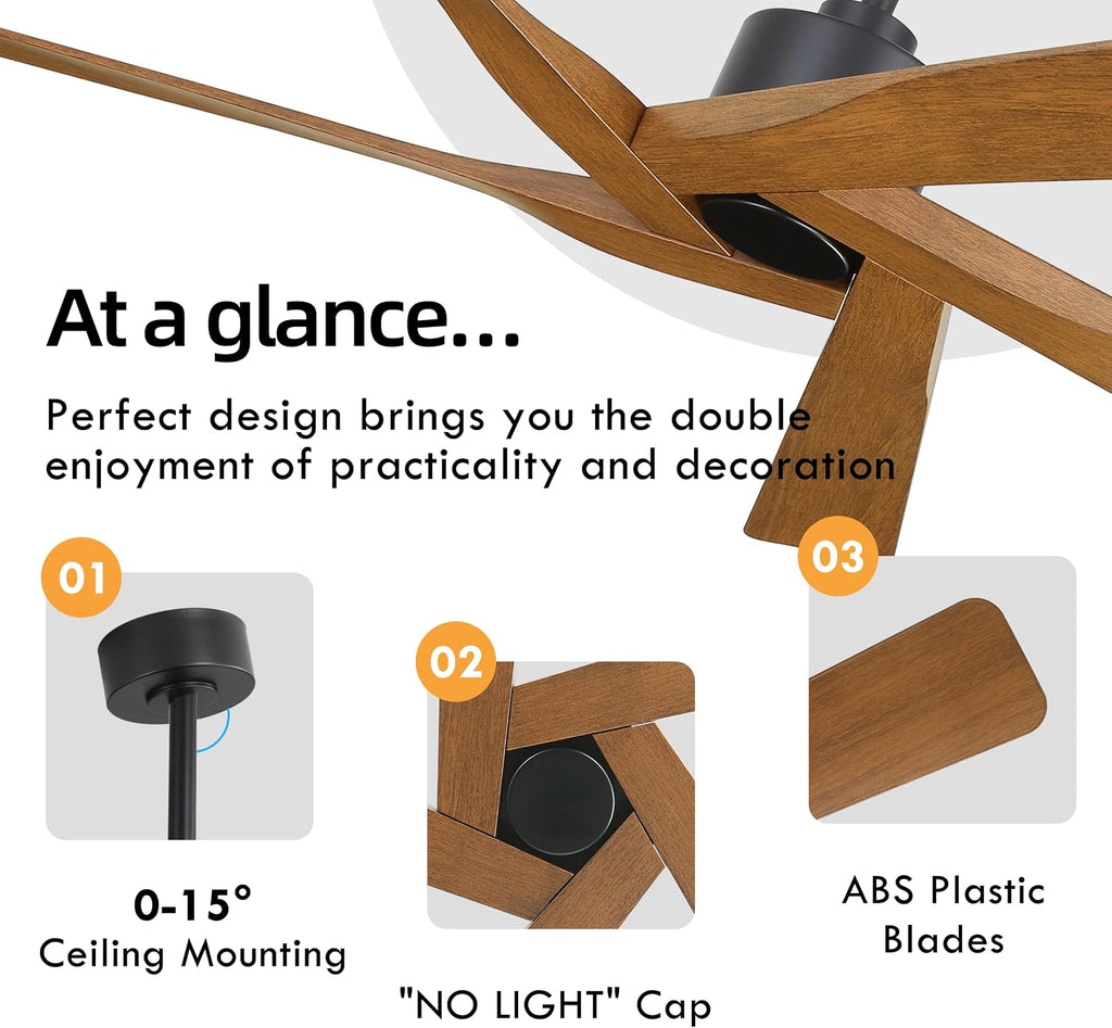 WINGBO 64' ABS DC Ceiling Fan No Light, 5 Blade ABS Plastic Ceiling Fan with Remote, 6-Speed Reversible DC Motor, Ceiling Fans without Light for Kitchen Bedroom Living Room, Matte Black and Walnut