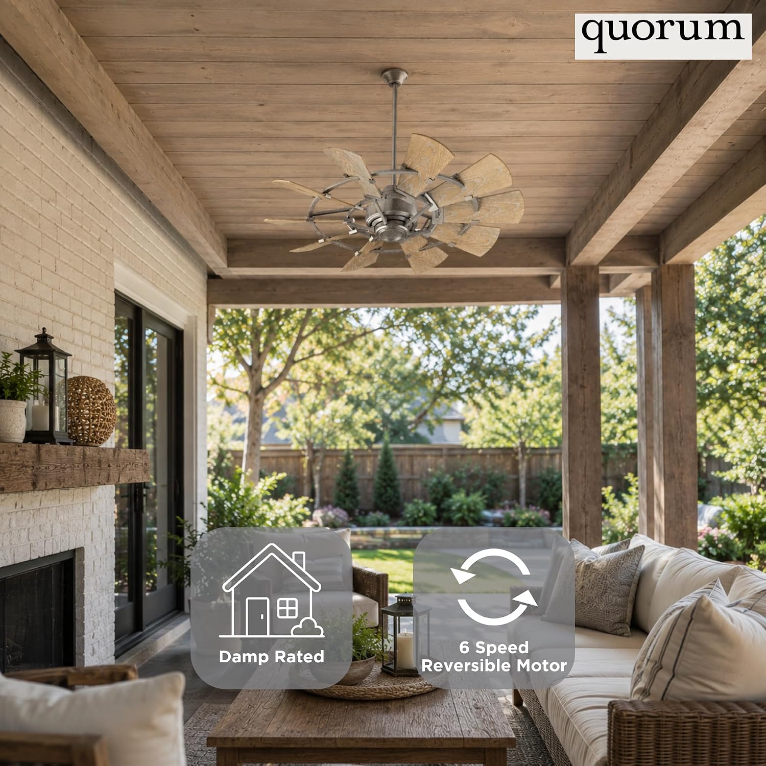 Quorum 194410-9 Windmill 44 Inch Ceiling Fan | 10 Blade Indoor Outdoor Fan | 3 Speed DC Motor | Wall Control Included | Light Kit Adaptable | Galvanized Finish with Weathered Oak Blades