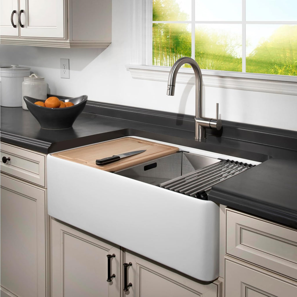 Houzer Aspire White Fireclay Workstation Sink: 33 Inch Farmhouse Apron Front Single Bowl with Accessories, Durable & Versatile, Essential for Home & Apartment: PTW-3320S WH