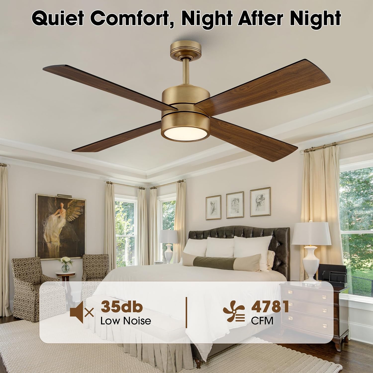 52 Inch Gold Ceiling Fan with Lights and Remote, APP Control, Quiet Reversible DC Motor, Dimmable LED Ceiling Fan, Modern Indoor Ceiling Fan for Bedroom Living Room Dining Room