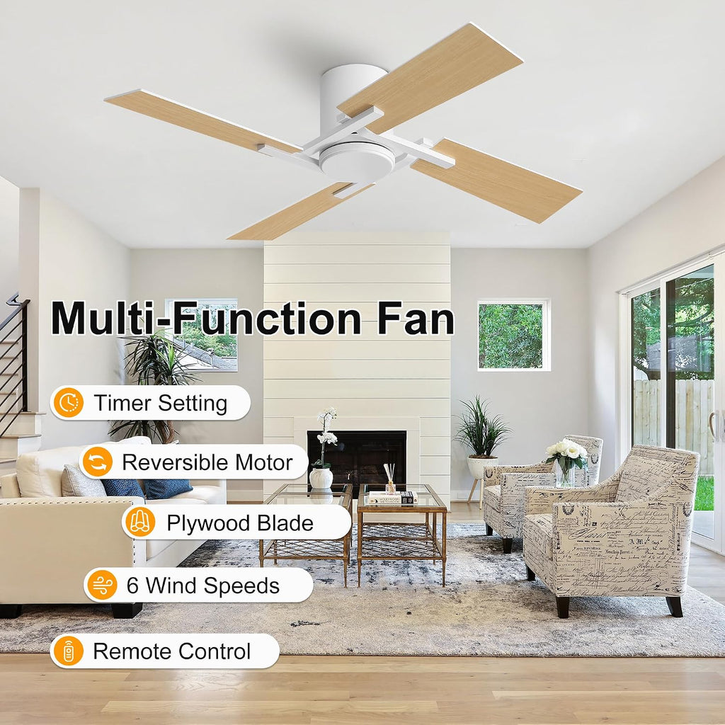 WINGBO 48 Inch Flush Mount Ceiling Fan without Light - 4 Plywood Blades, 6-Speed Reversible DC Motor, Noiseless Low Profile Ceiling Fan No Light for Bedroom Living Room, White and Oak/White