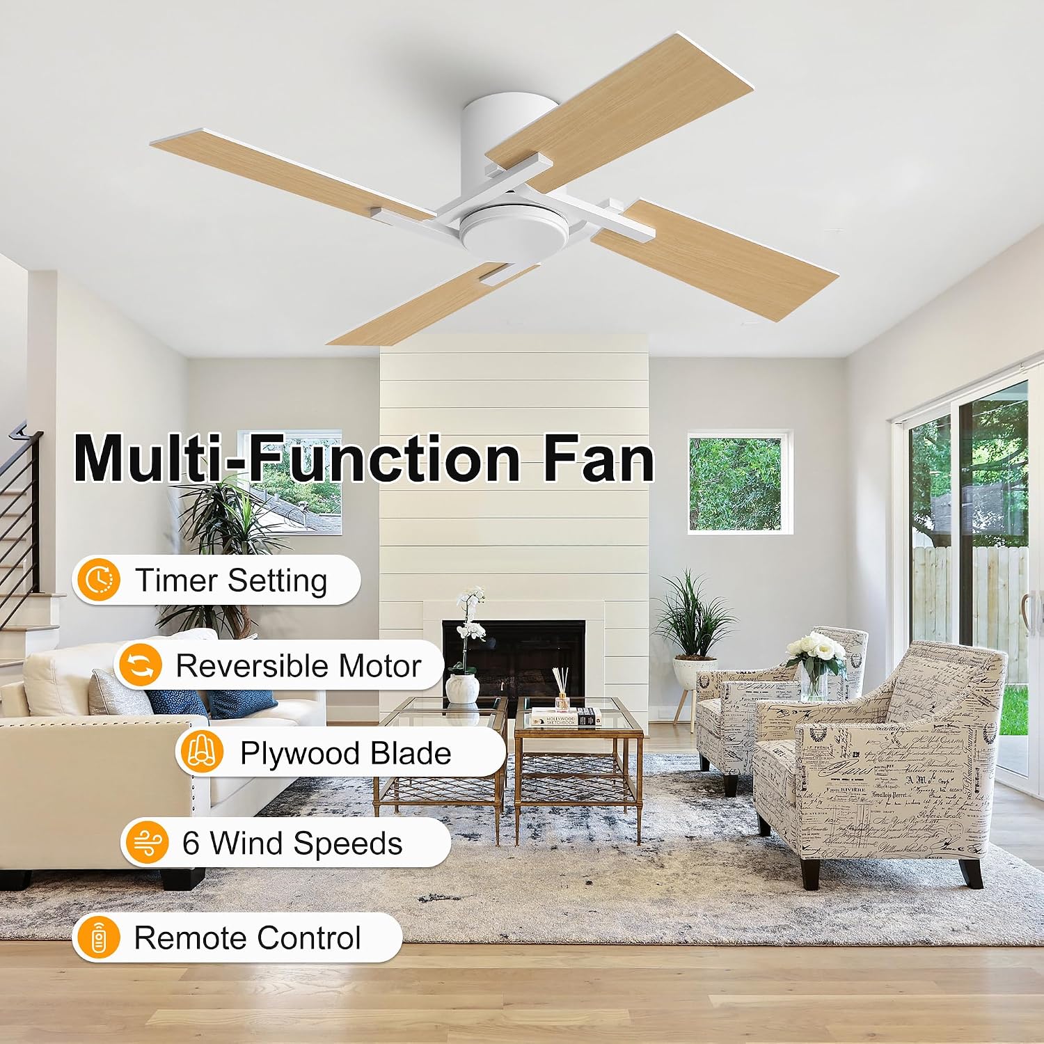 WINGBO 48 Inch Flush Mount Ceiling Fan without Light - 4 Plywood Blades, 6-Speed Reversible DC Motor, Noiseless Low Profile Ceiling Fan No Light for Bedroom Living Room, White and Oak/White
