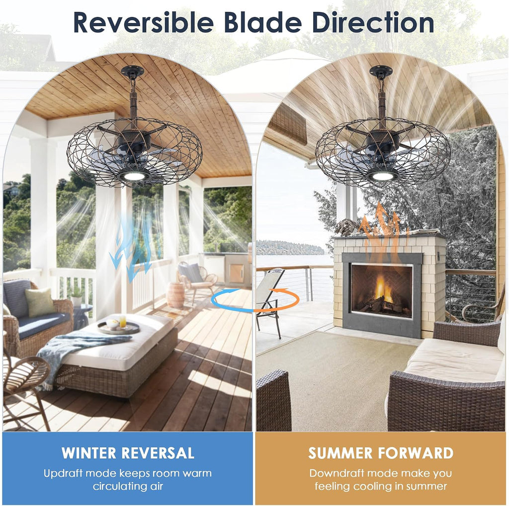 Miuyhji Retro Outdoor Ceiling Fans with LED Light, 20' Waterproof Gazebo Fan Plug in Caged Industrial Fandelier Ceiling Fan with Remote, 6 Speeds Adjustable Height Fan for Bedroom Living Room Pergola