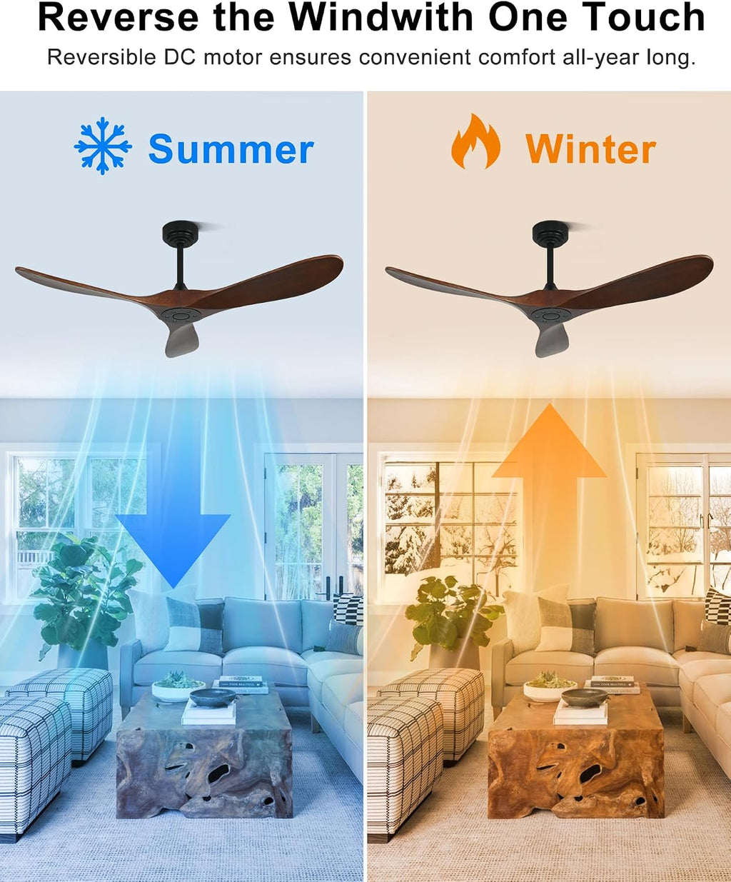 52 Inch Outdoor Ceiling Fan without Light, Smart Wood Ceiling Fan with Remote Control & Alexa/Google, 3 Blades High CFM for Patios Farmhouse Red Walnut