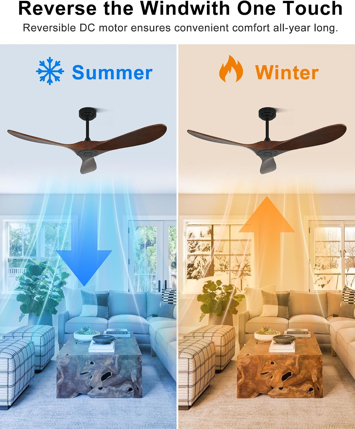 52 Inch Outdoor Ceiling Fan without Light, Smart Wood Ceiling Fan with Remote Control & Alexa/Google, 3 Blades High CFM for Patios Farmhouse Red Walnut