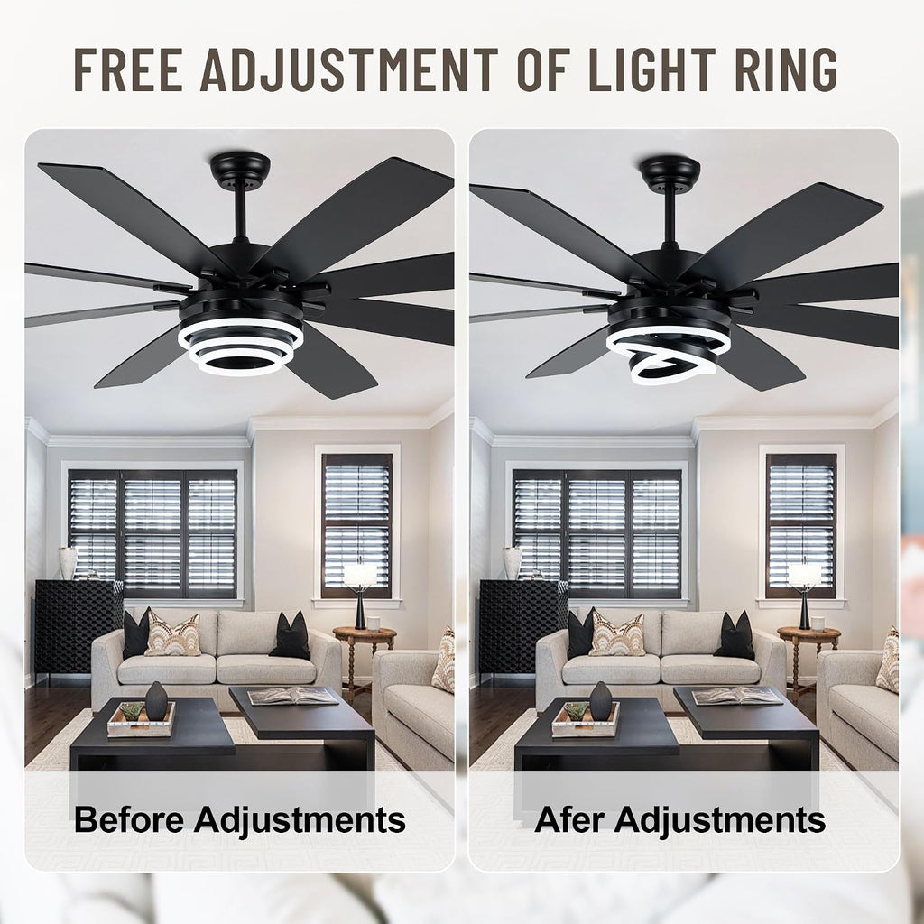 72'' Black Ceiling Fans with Lights and Remote, Indoor/Outdoor Large Chandelier Fan with DIY Rings LED,Fandelier Ceiling Fans with Lights for Living Room/Porch/Patio