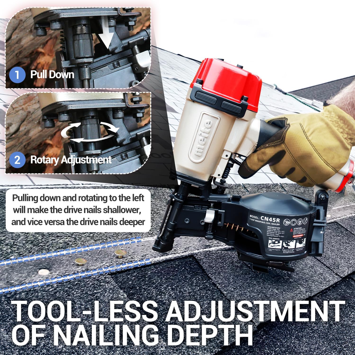 meite Roofing Nail Gun CN45R Coil Roofing Nailer and meite Coil Roofing Nails 1-Inch x .120-Inch Electro Galvanized 15 Degree Full Round Head Coil Nails for Roofing Nailer
