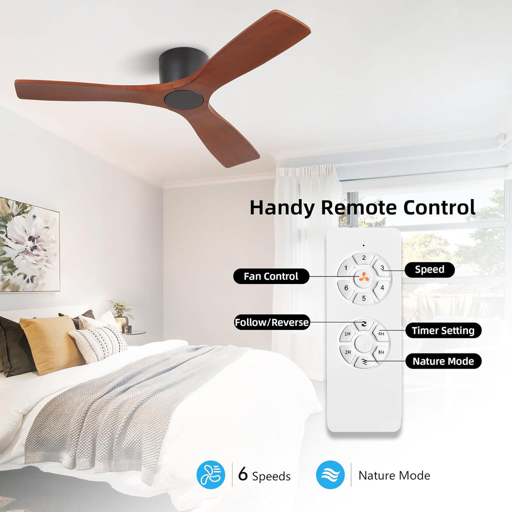 WINGBO 48 Inch Flush Mount DC Ceiling Fan without Lights, 3 Carved Wood Blades, 6-Speed Noiseless Reversible DC Motor, Hugger Ceiling Fan No Lights in Black Finish with Walnut Blades, ETL Listed