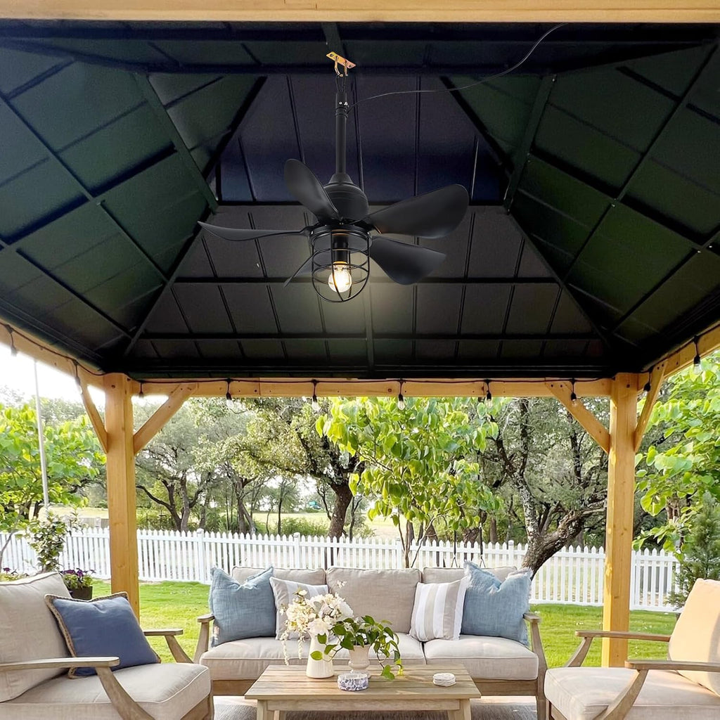 TIFEROR Outdoor Ceiling Fan with Light and Remote, IP65 Waterproof Ceiling Fan for patios, Plug In with Hanging and Hook, Lighting for Pergola, Canopy, Porch, Gazebo (BLACK)