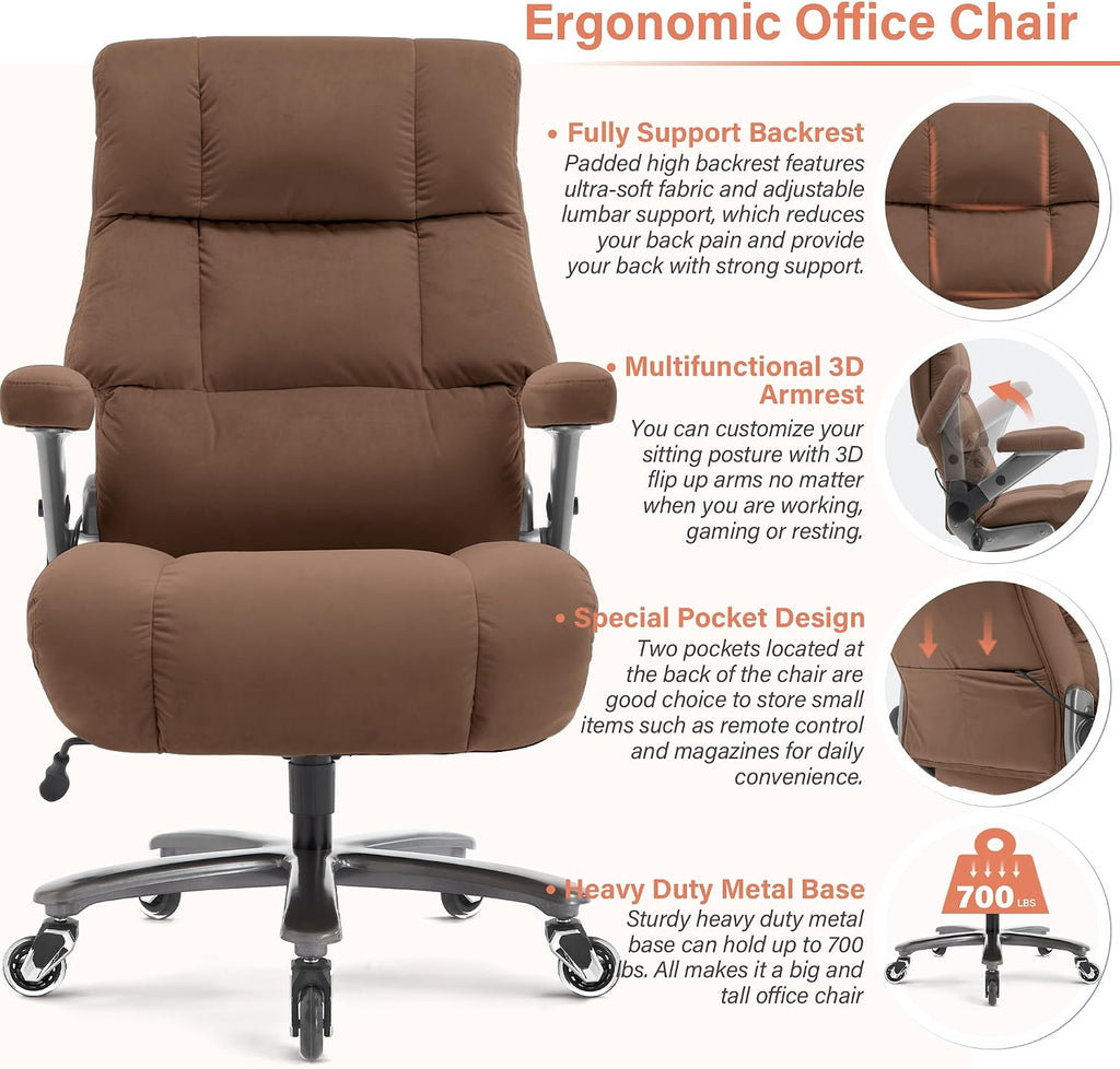 Big and Tall Office Chair 700lbs- Fabric Executive Desk Chair with Adjustable Lumbar Support 3D Flip UP Arms- Heavy Duty Quiet Wheels Metal Base Ultra-Soft Upholstered Ergonomic Computer Chairs, Brown