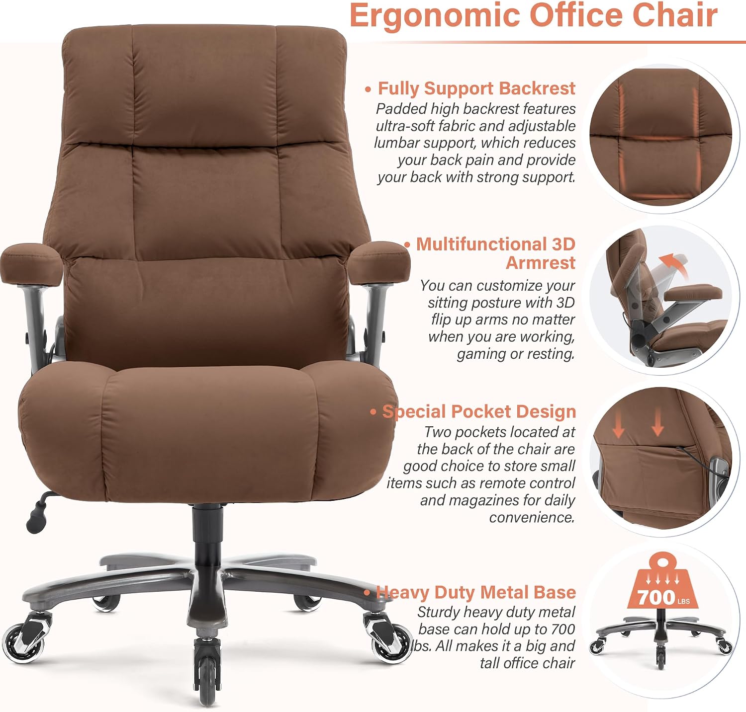 Big and Tall Office Chair 700lbs- Fabric Executive Desk Chair with Adjustable Lumbar Support 3D Flip UP Arms- Heavy Duty Quiet Wheels Metal Base Ultra-Soft Upholstered Ergonomic Computer Chairs, Brown