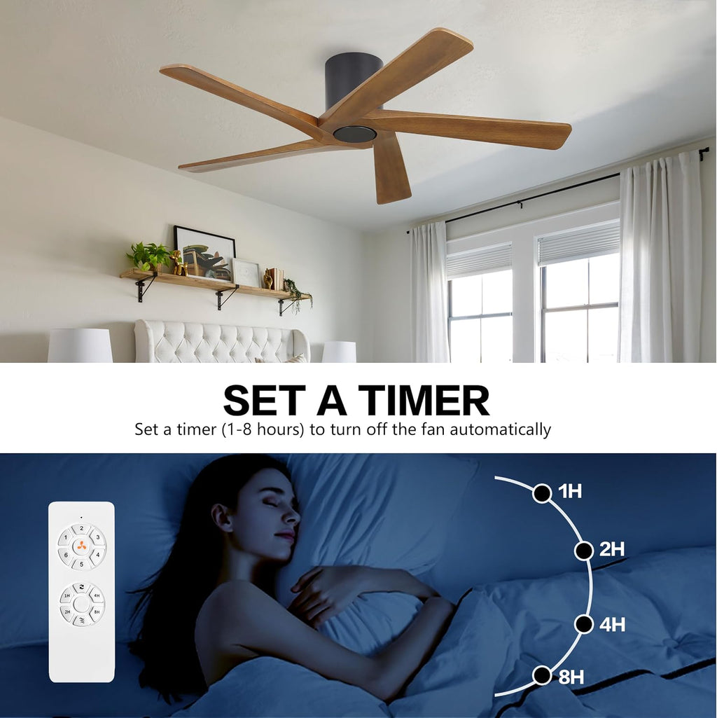WINGBO 48 Inch Flush Mount DC Ceiling Fan without Lights, 5 Reversible Carved Wood Blades, 6-Speed Noiseless DC Motor, Hugger Ceiling Fan No Lights in Matte Black Finish with Walnut Blades, ETL Listed