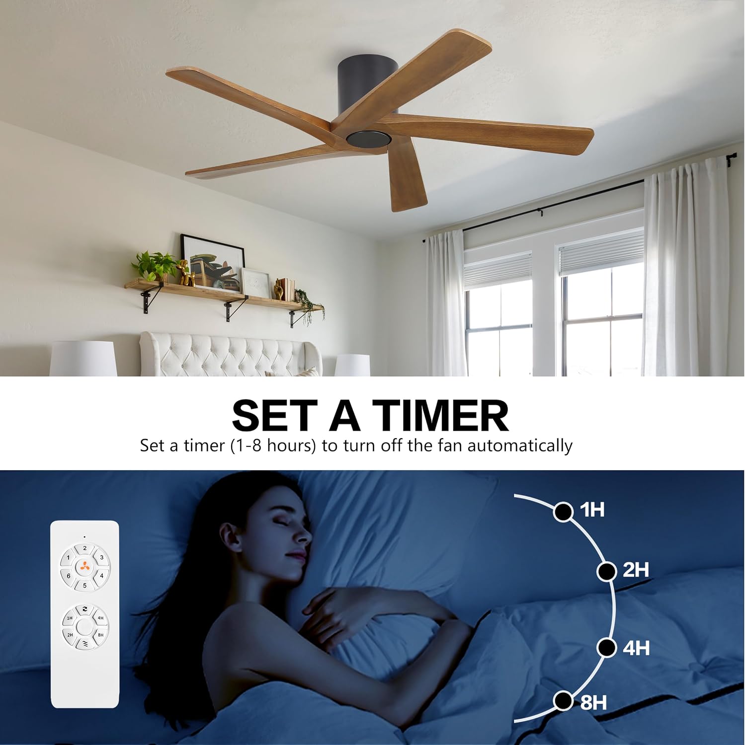 WINGBO 48 Inch Flush Mount DC Ceiling Fan without Lights, 5 Reversible Carved Wood Blades, 6-Speed Noiseless DC Motor, Hugger Ceiling Fan No Lights in Matte Black Finish with Walnut Blades, ETL Listed