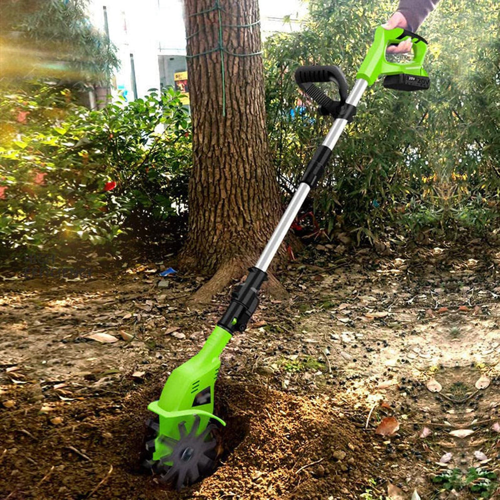 Power Tiller for Gardening Lawn Aerator Cordless Electric Hand Tiller Cultivator Rototiller Trencher 20V 2.0Ah 38'-50' Retractable Pole 9.8' Tilling Depth Powered Tillers