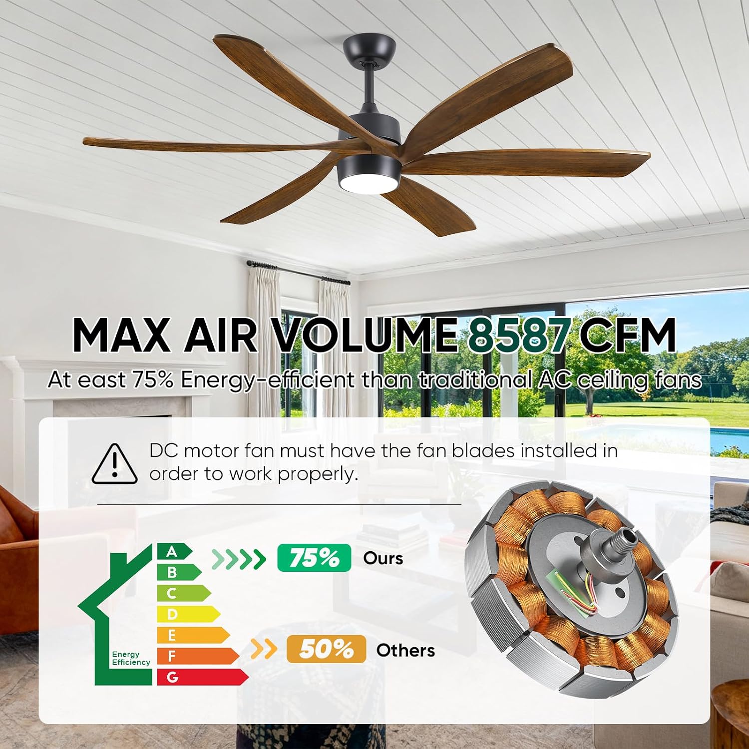 60 Inch Outdoor Smart Ceiling Fan with Light, Alexa/App/Remote Control, Modern Farmhouse Style, High CFM Quiet DC Motor, 6 Solid Wood Blades Damp Rated, for Indoor Living Room Exterior Patio