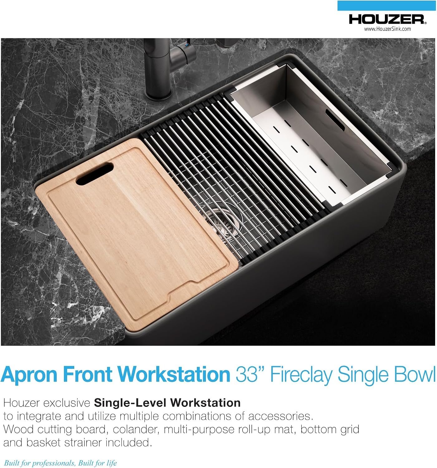 Houzer Aspire Black Fireclay Workstation Sink: 33 Inch Farmhouse Apron Front Single Bowl with Accessories, Durable & Versatile, Essential for Home & Apartment: PTW-3320 BL
