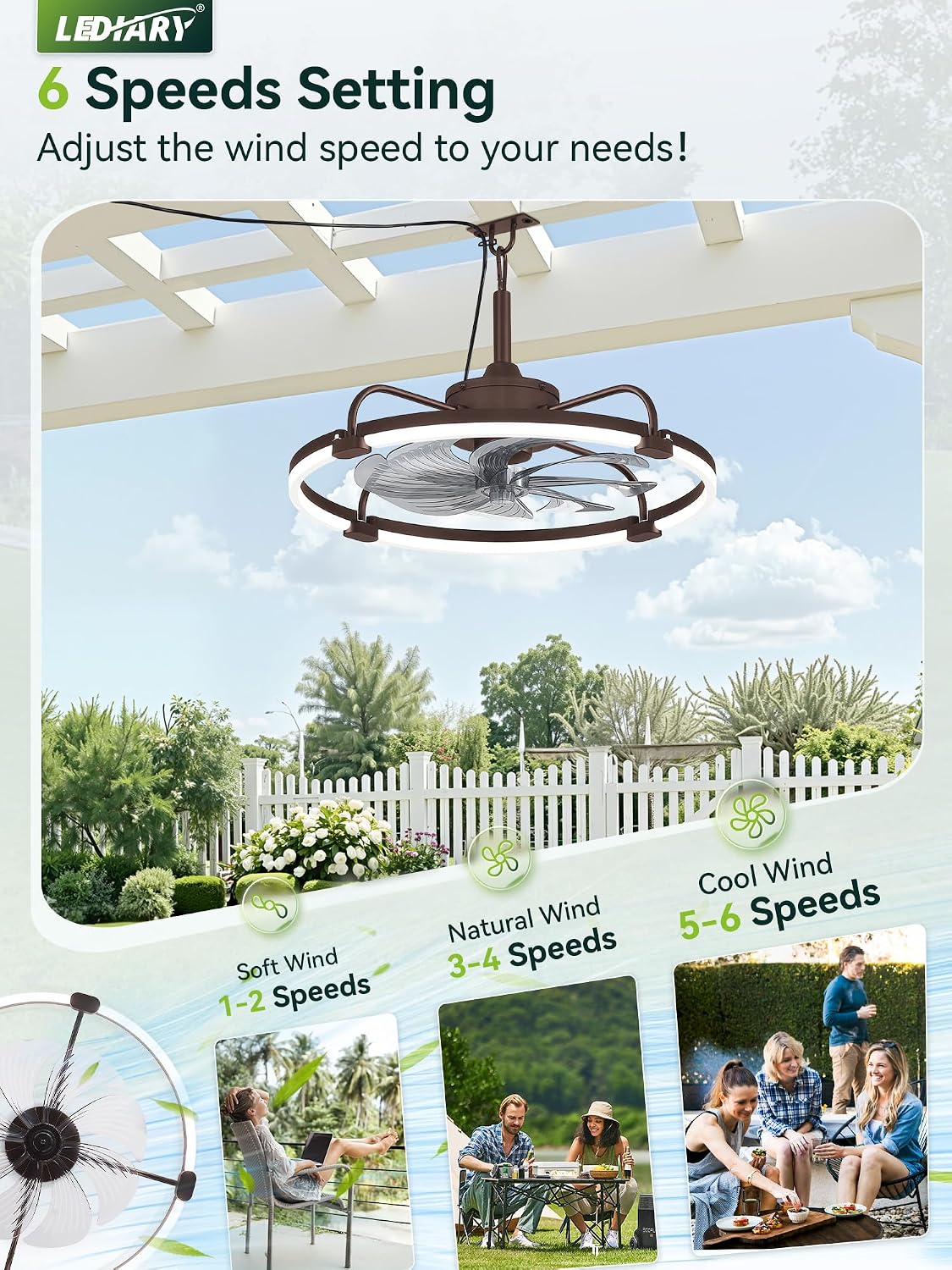 LEDIARY 24' Outdoor Ceiling Fans with Light for Patios, IP65 Waterproof Gazebo Fan, Plug-in Hanging Fan Remote&APP Control, 3CCT Dimmable, 6-Speeds, Caged Ceiling Fan for Gazebo,Patio,Pergola,Porch