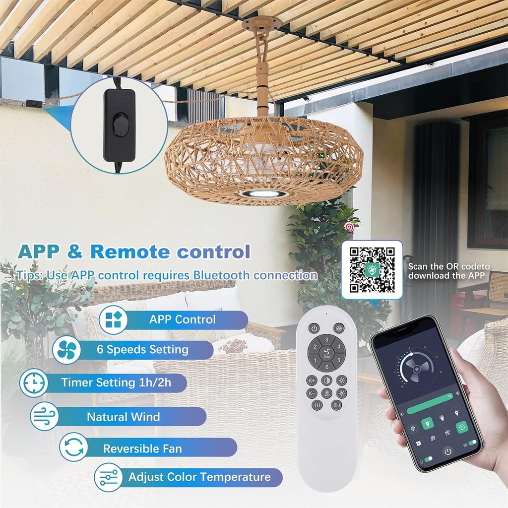 She's home 20'' Outdoor Gazebo Fan with Lights and Remote, Outside/Indoor Hanging Rattan Ceiling Fan, 3CCT Dimmable, 6-Speed DC Motor, Plug-in Wicker Woven Caged Ceiling Fans for Patio Pergola Porch