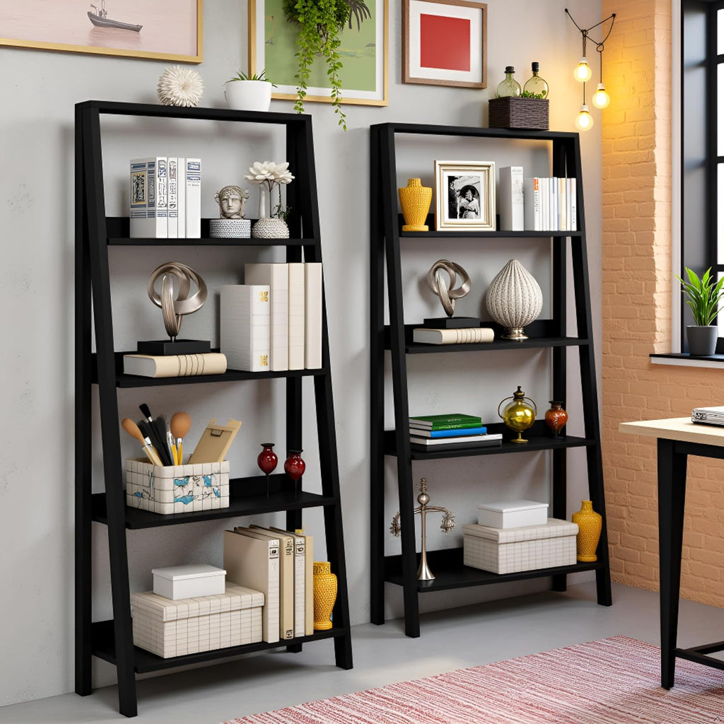 Lavish Home 4-Tier Ladder Shelf – Set of 2 Modern Freestanding Bookcases with Leaning Design for Storage & Display in Living Room, Bathroom, Kitchen or Home Office (Black)