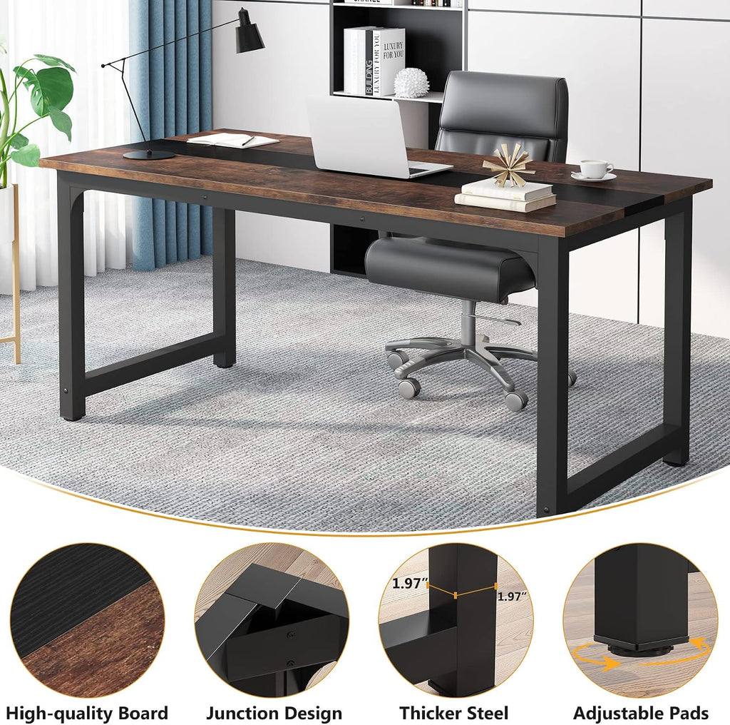 Tribesigns 70.8'Executive Desk, Large Office Computer Desk with Thicken Frame, Modern Simple Workstation Business Furniture for Home Office, Vintage Brown/Black