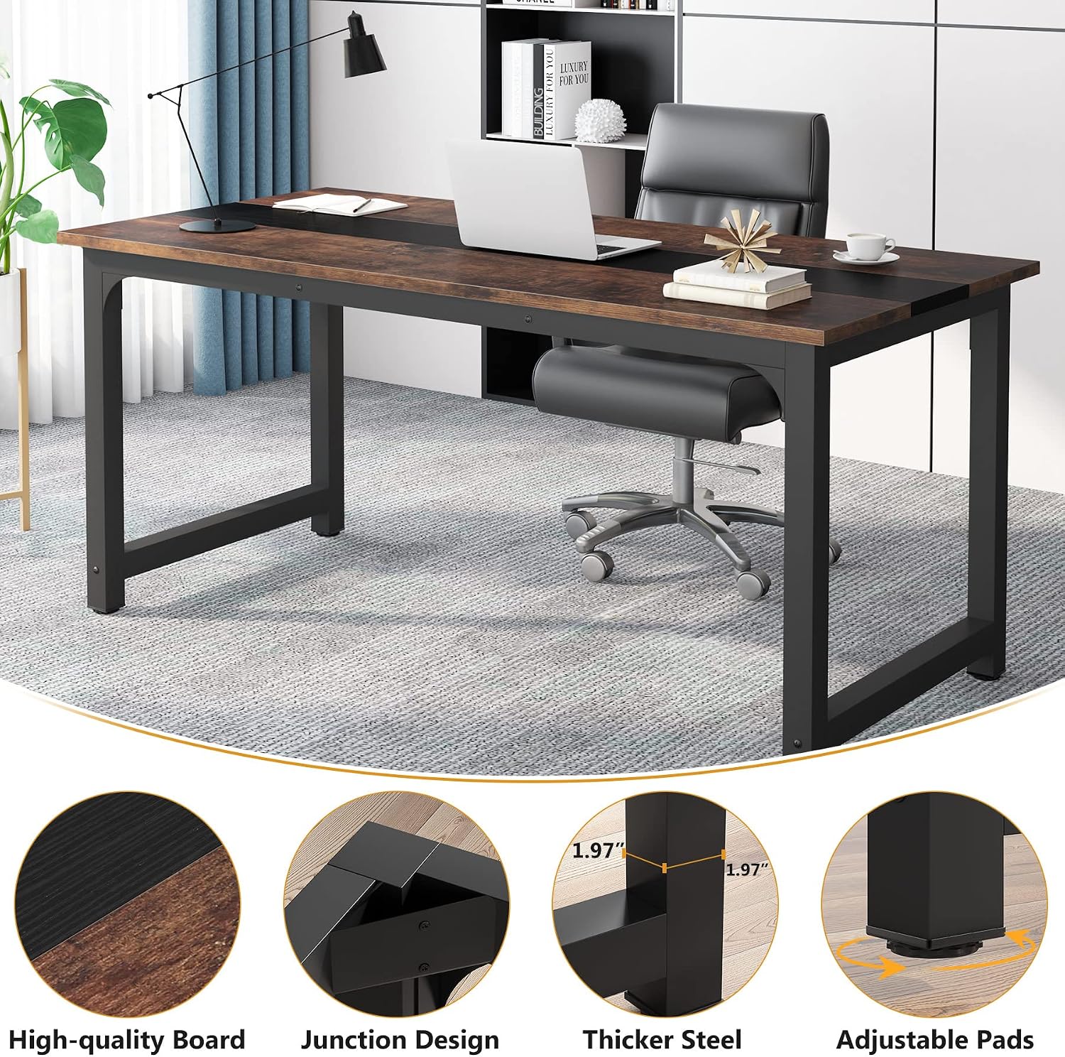 Tribesigns 70.8'Executive Desk, Large Office Computer Desk with Thicken Frame, Modern Simple Workstation Business Furniture for Home Office, Vintage Brown/Black