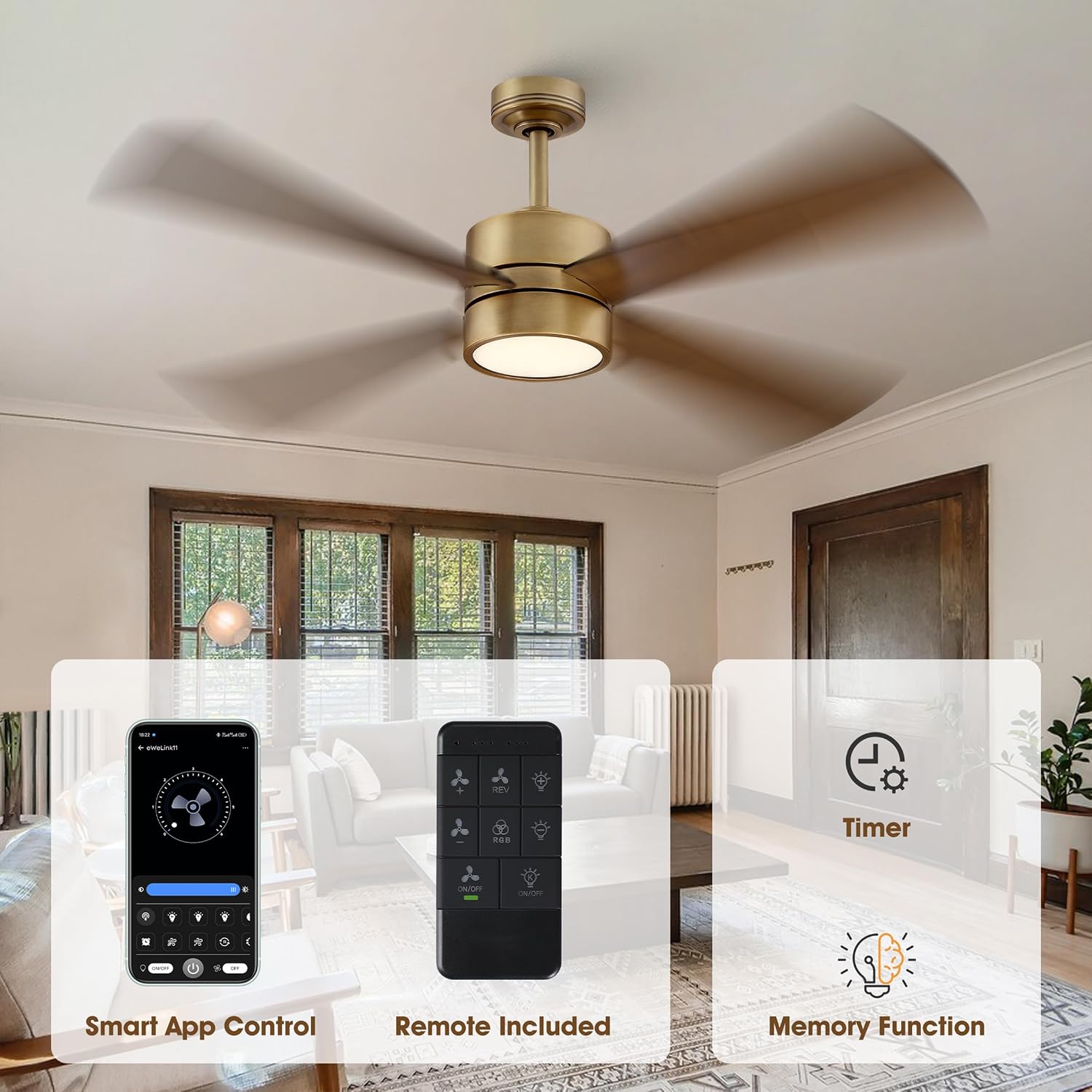 52 Inch Gold Ceiling Fan with Lights and Remote, APP Control, Quiet Reversible DC Motor, Dimmable LED Ceiling Fan, Modern Indoor Ceiling Fan for Bedroom Living Room Dining Room