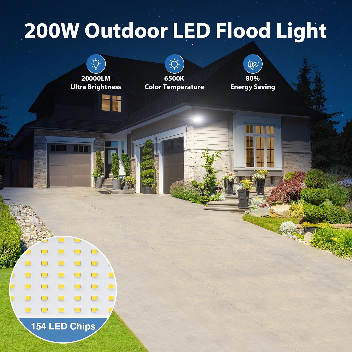 200W Flood Lights Outdoor, 20000LM LED Flood Lights, Switch Controlled Wired Security Outside Lights for House Waterproof IP65, 6500K Outdoor Led Lights for Yard, Garage, Backyard
