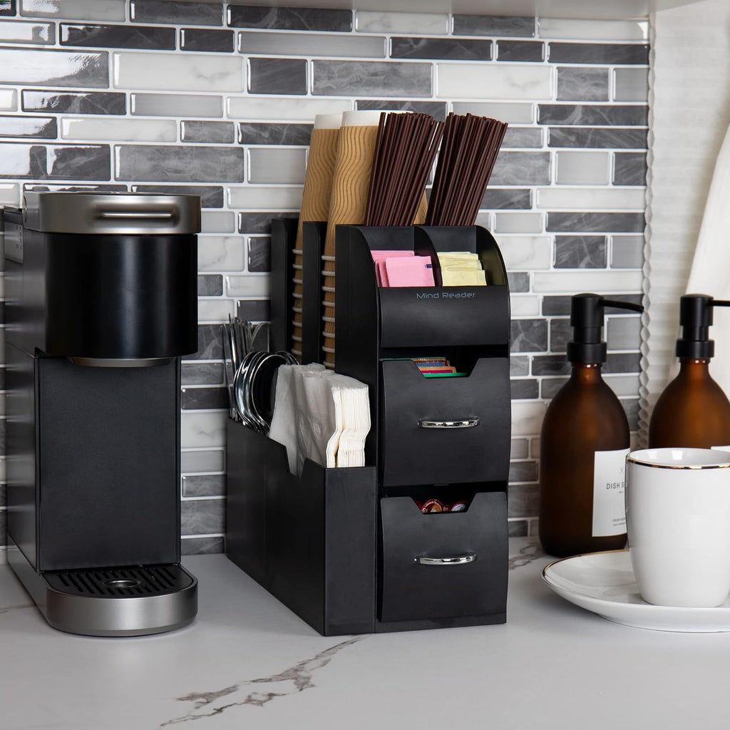 Mind Reader Cup and Condiment Station, Countertop Organizer, Coffee Bar, Kitchen, Stirrers, 5.35' W x 11.25' L x 11.15' H, Black (Pack of 8)