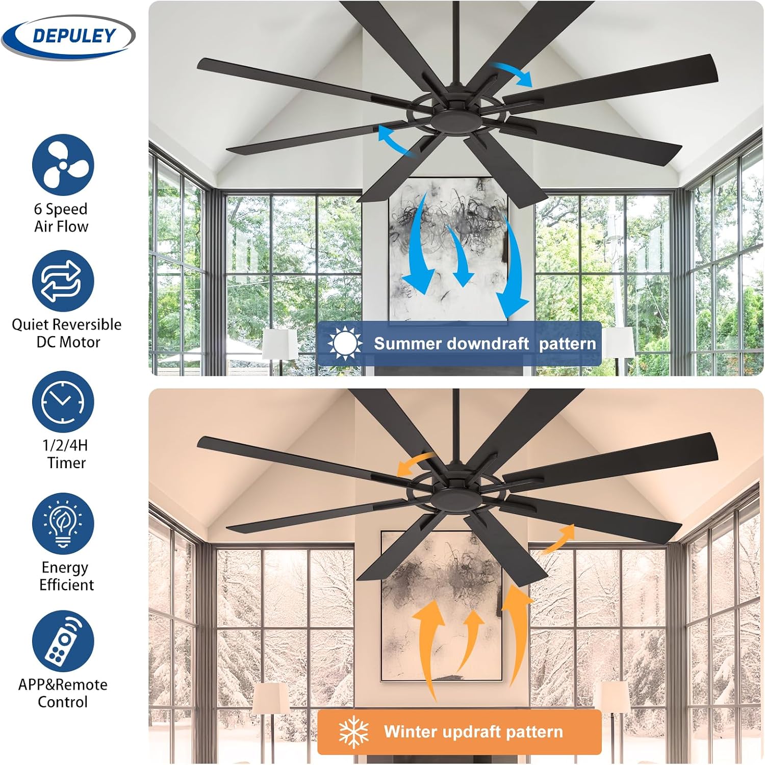 Ceiling Fan Without Light: 72 Inch Big Indoor Outdoor Fan with Remote APP Control - Black Wood Grain Large Ceiling Fan no Light 8 Blade Reversible Quiet DC Motor Memory Function Timer