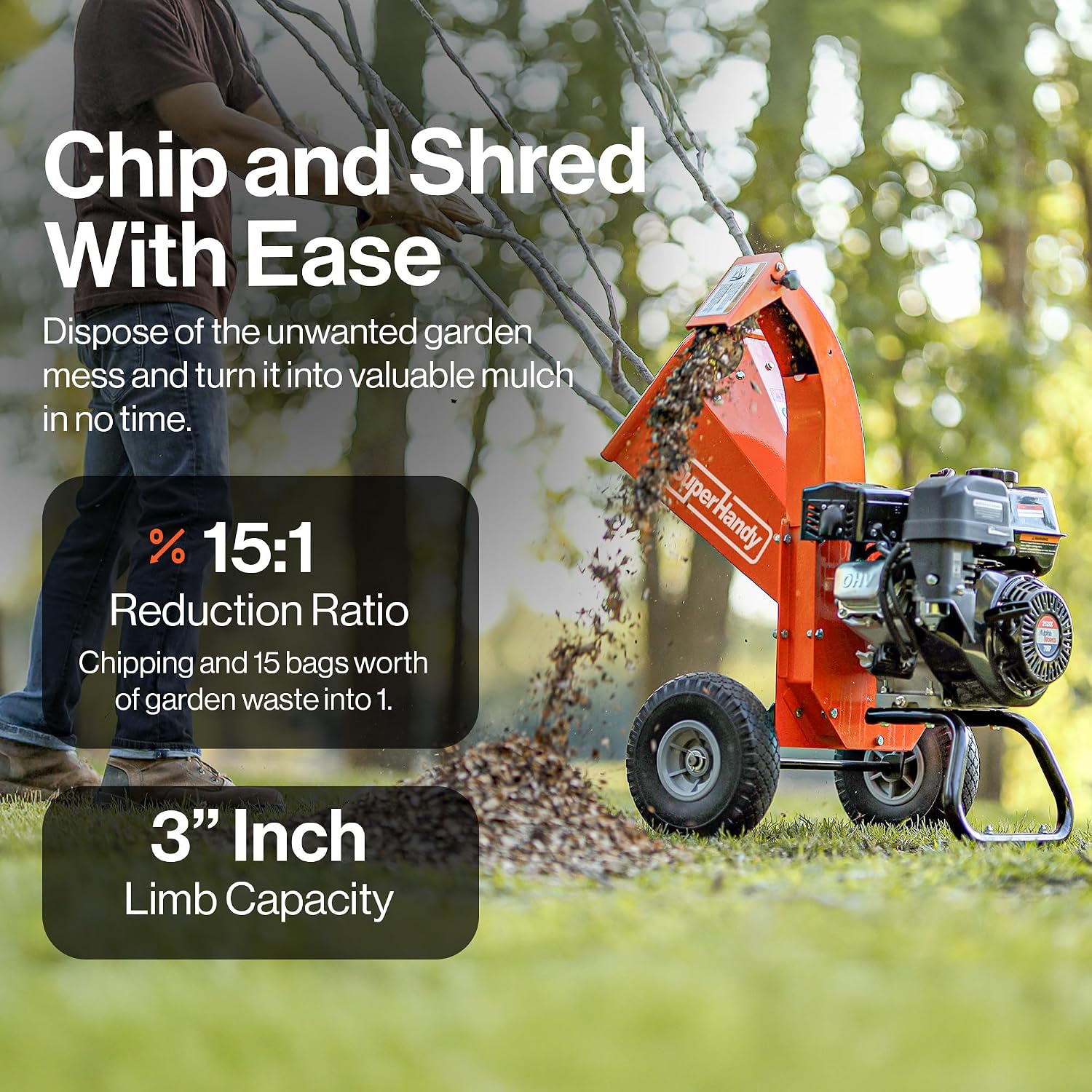 SuperHandy Mini Wood Chipper Shredder Mulcher Heavy Duty 7HP Compact Design 3' Inch Max Capacity