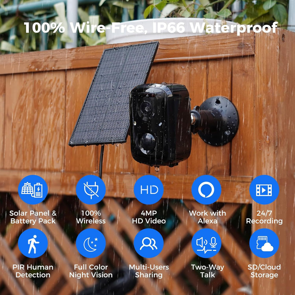 Hiseeu Security Cameras Wireless Outdoor, 3pcs Solar Powered 3K 4MP Surveillance WiFi Cameras for Home Security Outside, PIR/AI Motion Detection, Waterproof, Color Night Vision, 2-Way Audio, Black