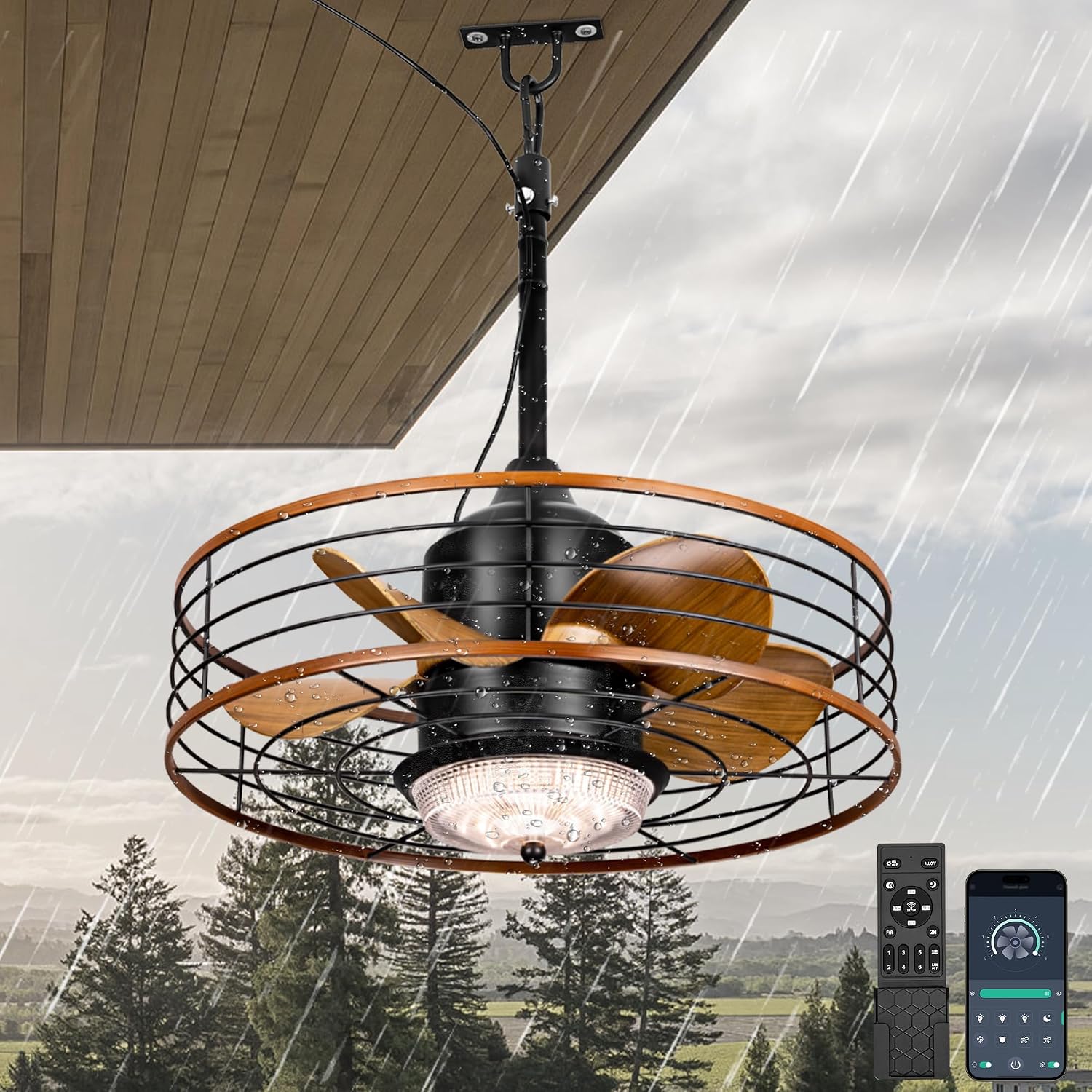 20' Outdoor Ceiling Fan with Lights and Remote Control, Black Gazebo Ceiling Fans 6 Speeds, Portable Hanging Waterproof Caged Ceiling Fan with Dimmable LED Lights for Gazebo, Patios