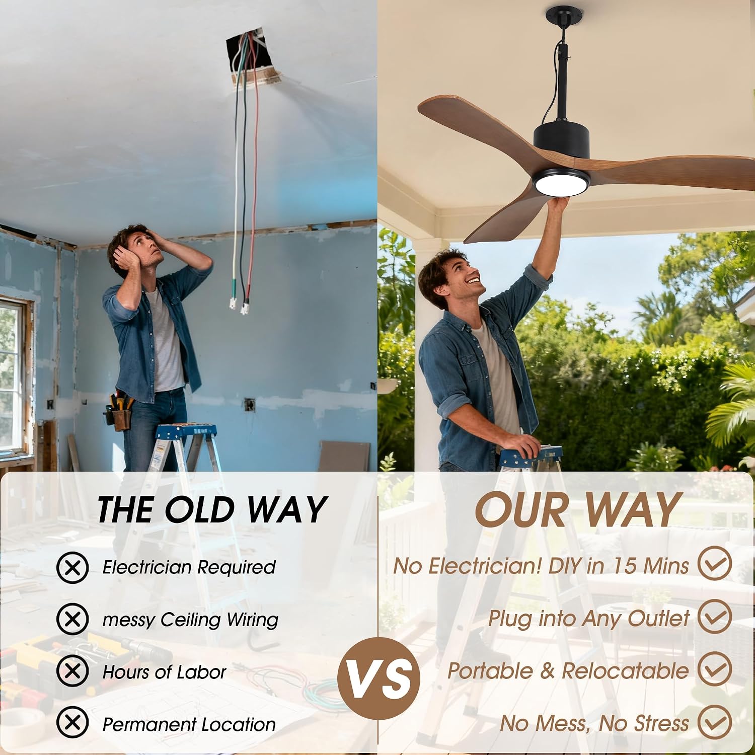 42' Outdoor Ceiling Fan with Light & Remote - IP65 Waterproof Plug in Hanging Fan, 6-Speed Upgrade DC Motor, 1600LM Dimmable LED for Patio, Porch, Gazebo, Pergola,Brown