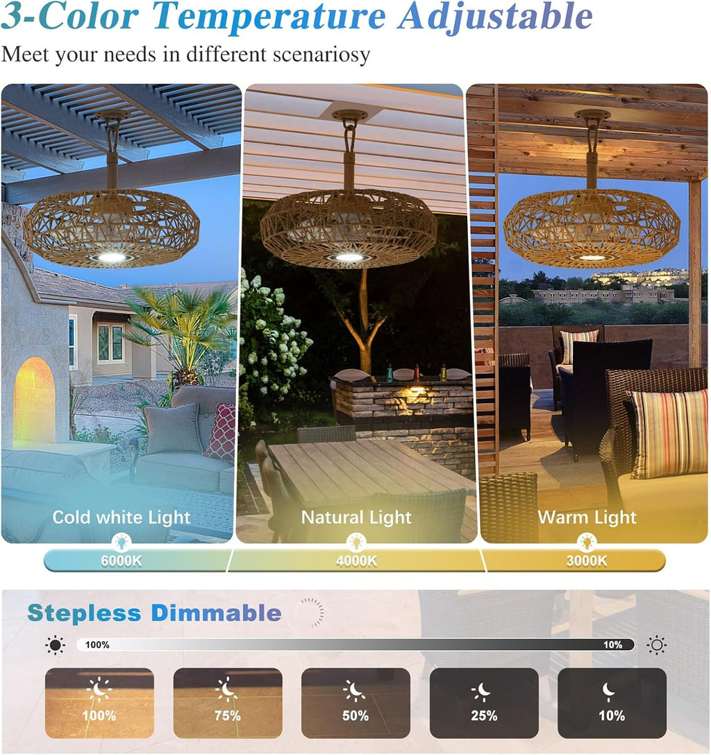 She's home 20'' Outdoor Gazebo Fan with Lights and Remote, Outside/Indoor Hanging Rattan Ceiling Fan, 3CCT Dimmable, 6-Speed DC Motor, Plug-in Wicker Woven Caged Ceiling Fans for Patio Pergola Porch