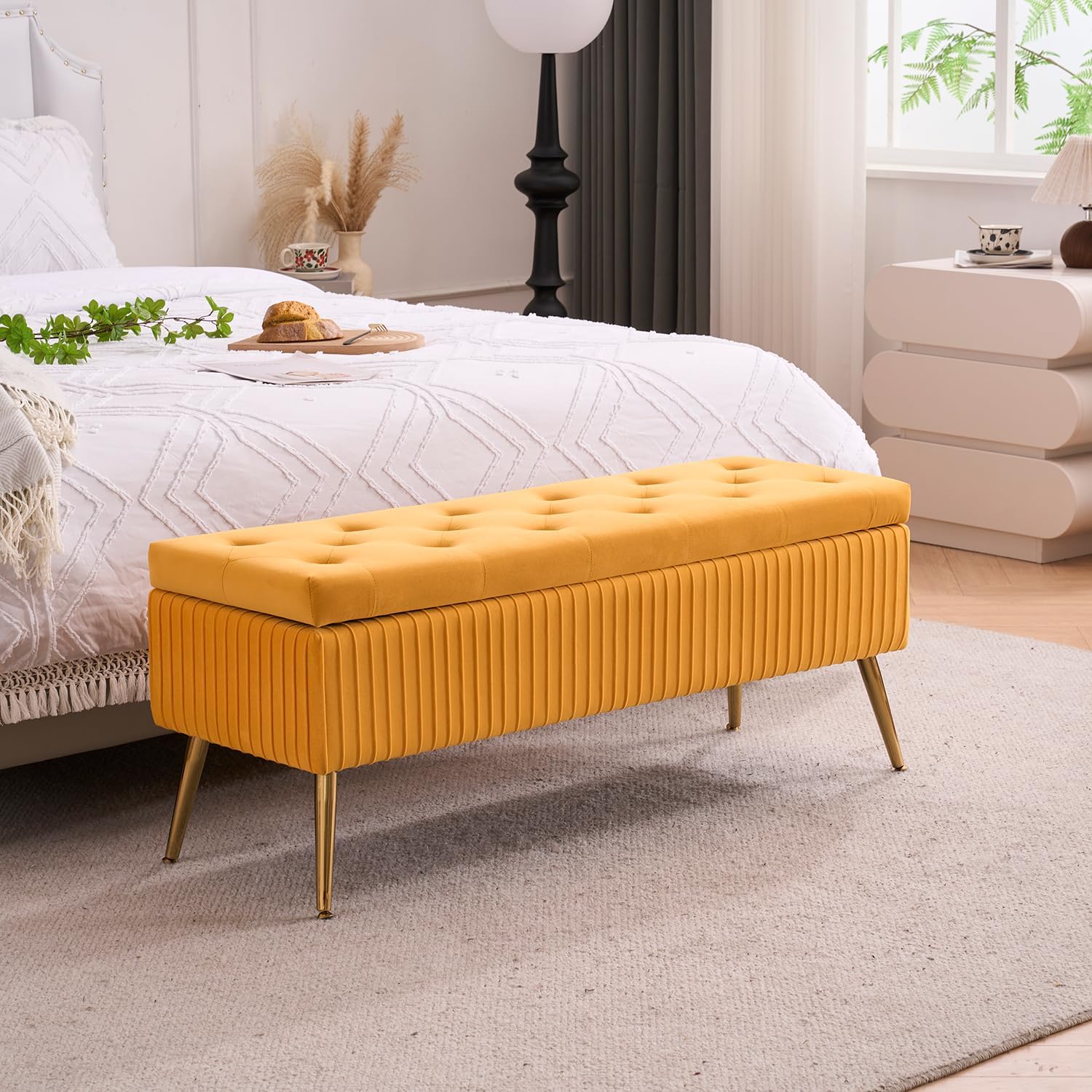 Velvet Storage Bench for Bedroom, Upholstered End of Bed Bench Modern Tufted Ottoman with Gold Legs for Living Room/Window/Entryway (Mustard Yellow, Rectangle-45.5' W)